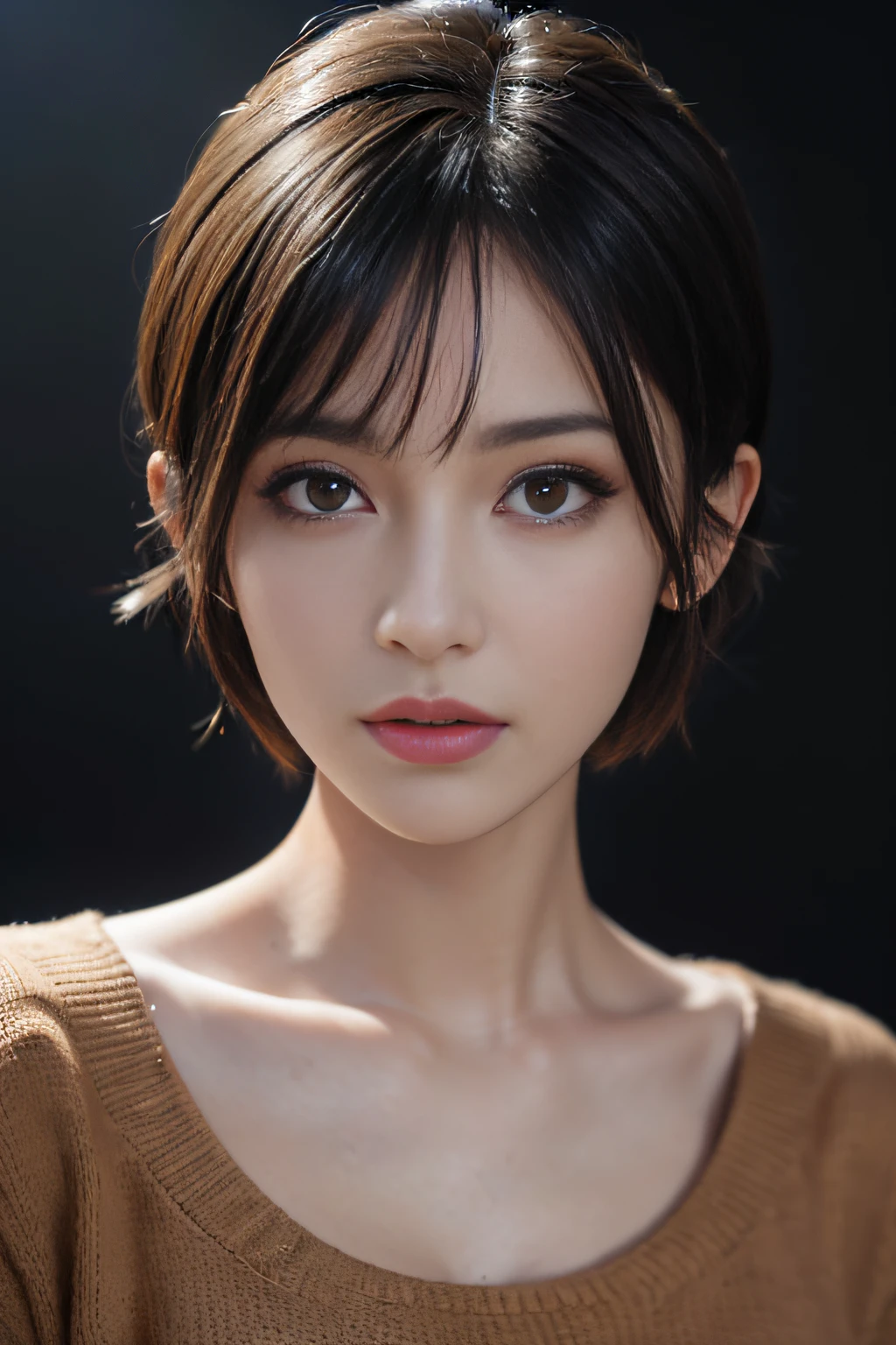 (masterpiece:1.3), (8k, photorealistic, RAW photo, best quality: 1.4), (1girl), beautiful face, (realistic face), (black hair, short hair:1.3), beautiful hairstyle, realistic eyes, beautiful detailed eyes, (realistic skin), beautiful skin, (sweater), absurdres, attractive, ultra high res, ultra realistic, highly detailed, golden ratio