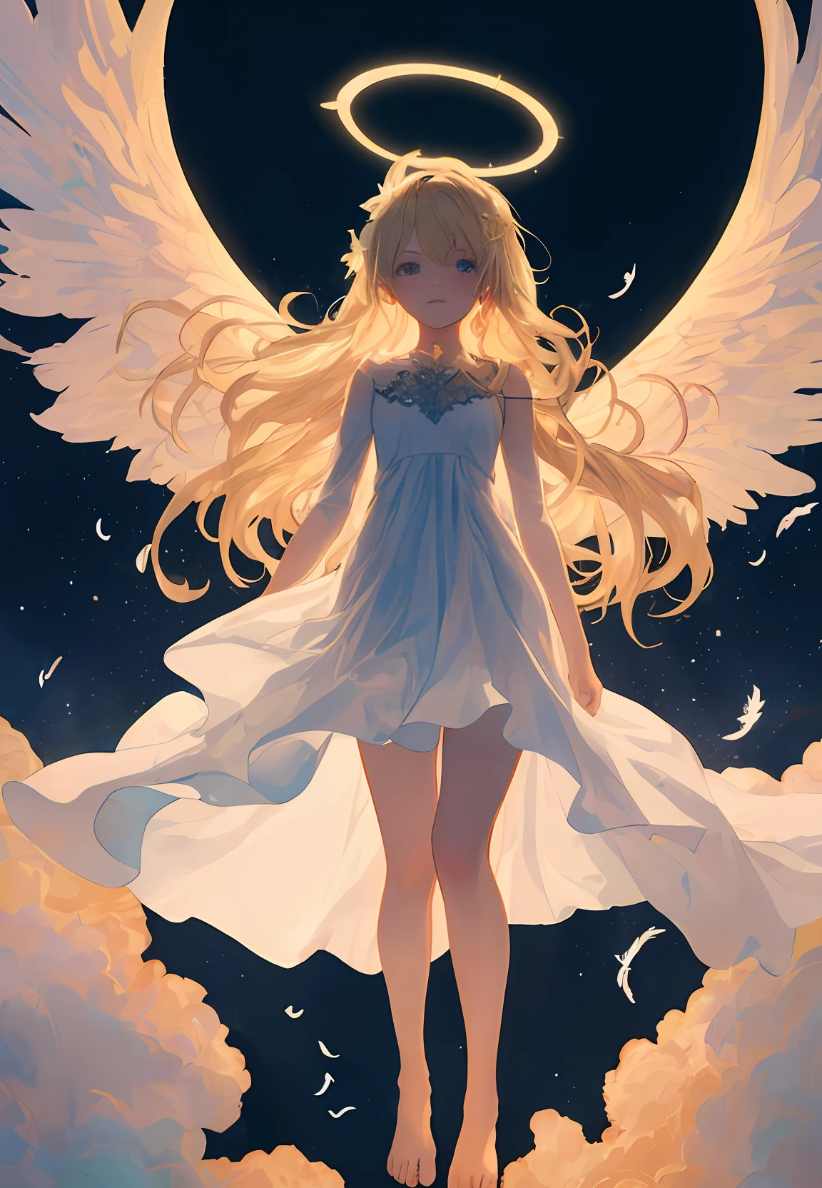 1girl, blonde hair, solo, dress, long hair, barefoot, halo, wings, white dress, angel,