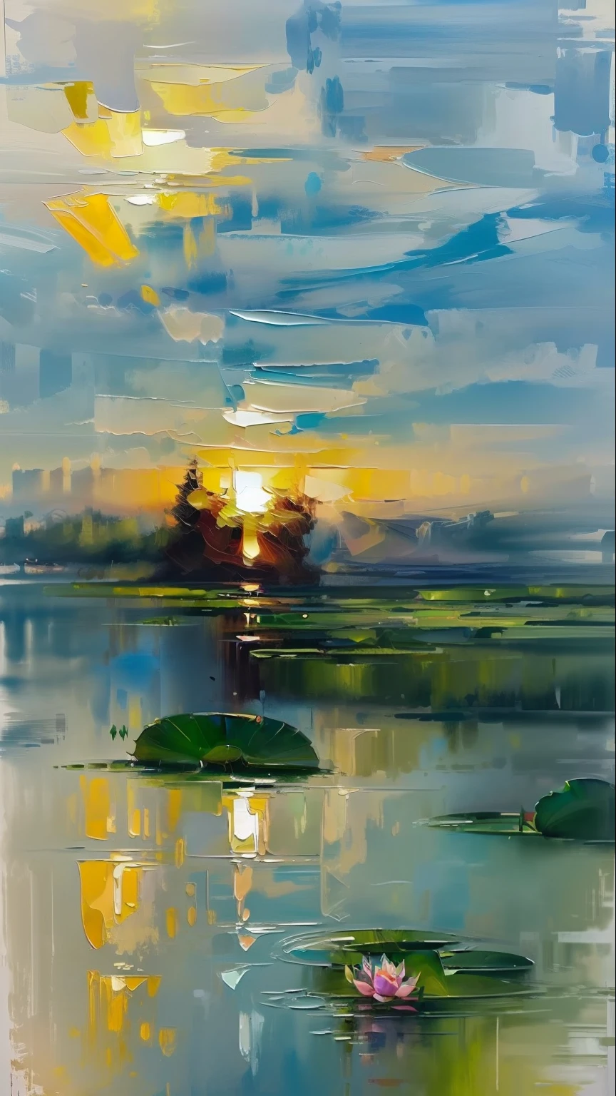tmasterpiece,delicated,Beautiful scenery deep in the lotus pond,(colorful、vividness、rays of sunshine、Cool light:1.2)Lotus leaves in a pond。High quality High quality。Monet oil painting style