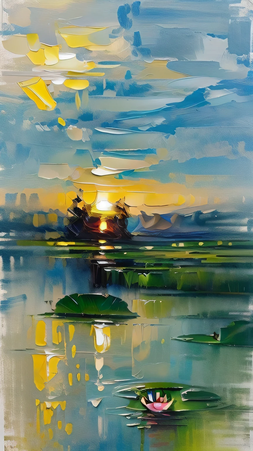 tmasterpiece，delicated，Beautiful scenery deep in the lotus pond，（colorful、vividness、rays of sunshine、Cool light：1.2）Lotus leaves in a pond。High quality High quality。Monet oil painting style