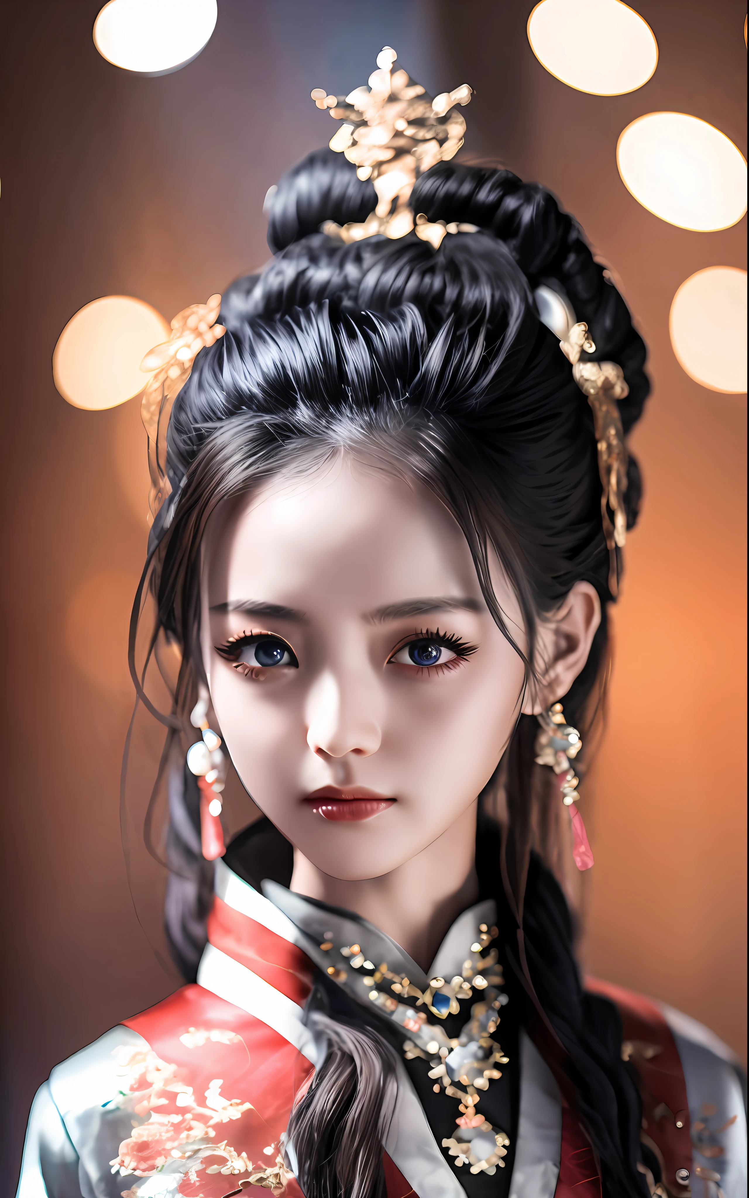 hbest quality,Masterpiece level martial arts style 1girl,Pretty face,With a flattering smile,Star-shaped pupils shine,Wearing exquisite Hanfu,He wears a sumptuous hair ornament on his head、Necklaces and jewelry,The details are heartwarming(highdetailskin:1.2);Photo from her upon_body to go,After the treatment of the Tyndall effect,Realistic display of beauty,The Dark Studio offers eye-catching edge lighting and two-tone lighting,Digital SLR camera is adopted、gentle illumination、Volumetriclighting,8k ultra high definition、High-quality materials make photos come alive and realistic,Present high resolution、4k、8k、Effects such as bokeh,More high quality。