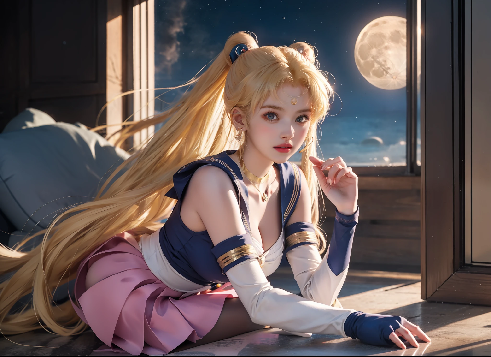 sailor moon is a sailor girl with long blonde hair and a pink skirt, sailor moon!!!!!!!!, sailor moon aesthetic, sailor moon style, inspired by Sailor Moon, the sailor moon. beautiful, by Sailor Moon, also known as artemis the selene, also known as artemis or selene, an retro anime image, goddess of the moon, inspired by Naoko Takeuchi, big boobs, gigantic boobs, busty, cleavage, show cleavage, skimpy dress, skimpy sailor dress, UHD