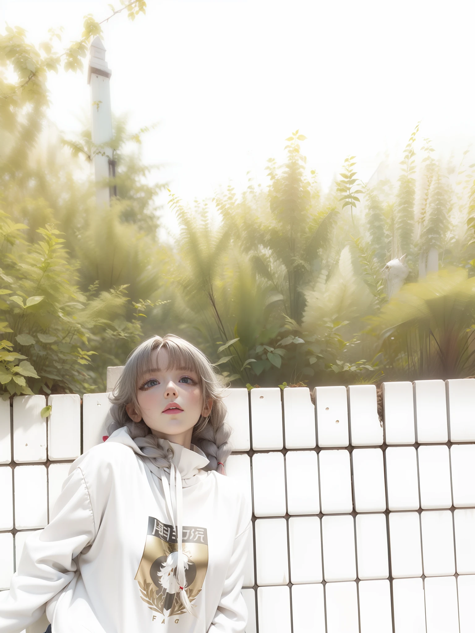 best quality, masterpiece,white hair, gold eyes,white clothes, looking up, upper body,hair strand,Fair skin,side braids