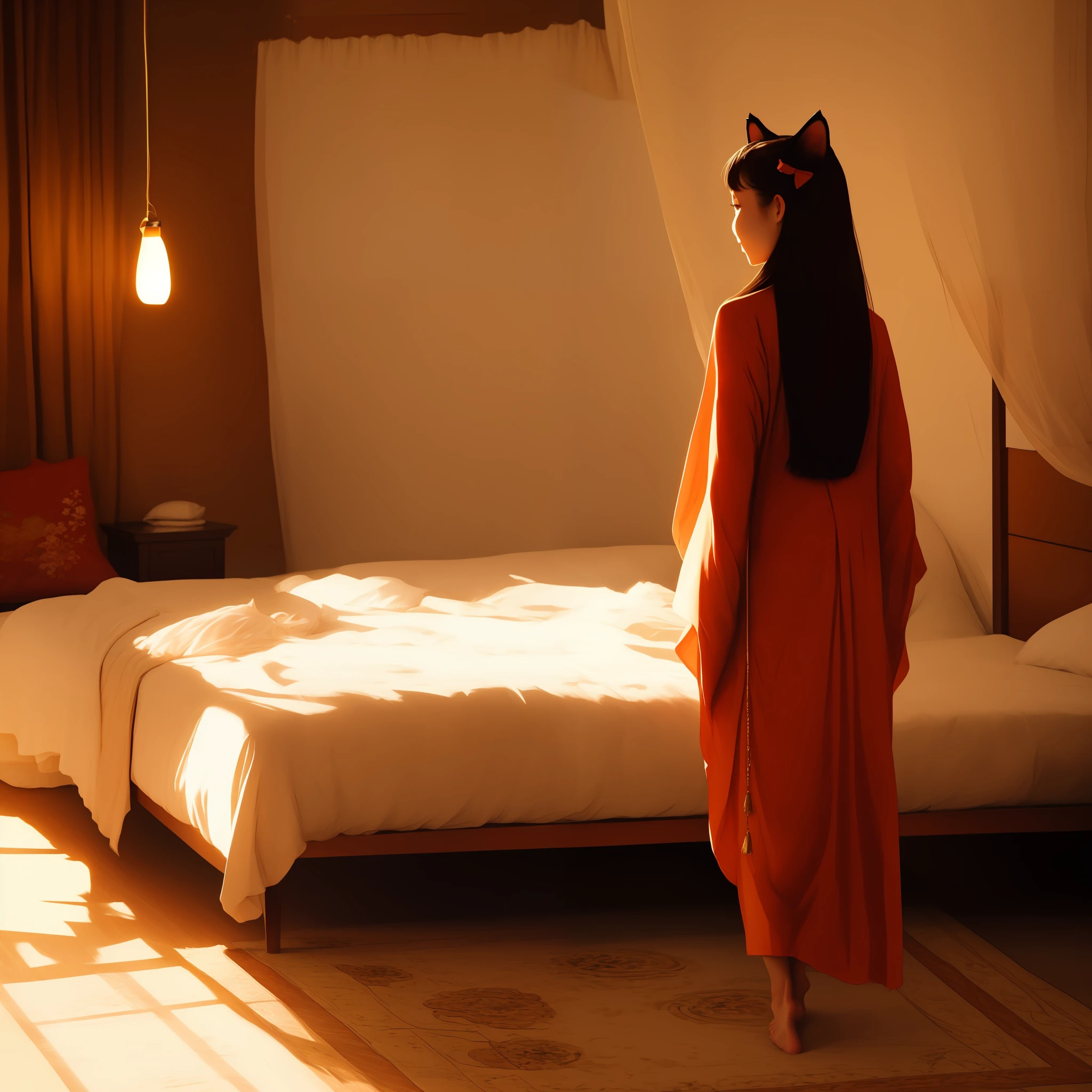 Semi- Radiant Long hair Antique Asian woman Bedroom Lighting Cat ears Tail Barefoot Exposed Enchanting Face flush Confused eyes Shyness Perfect body Excellent High quality