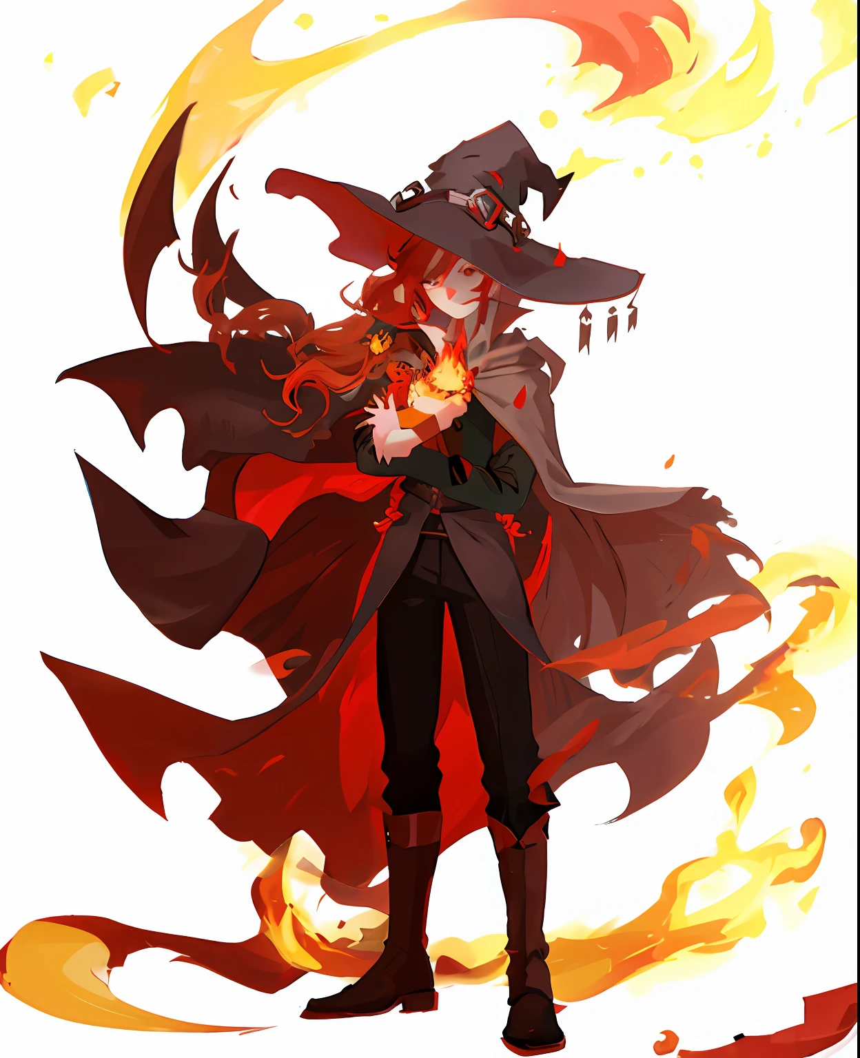 anime character with red hair and black cape holding a red and yellow object, Fire!! full body, Half caller, half incense, Aromatic, flirty anime witch casting magic, firemage, castlevania witch, /!\ sorceress woman, Vampires, witch academia, the witch, zerochan art, evil sorcerer, witch burning