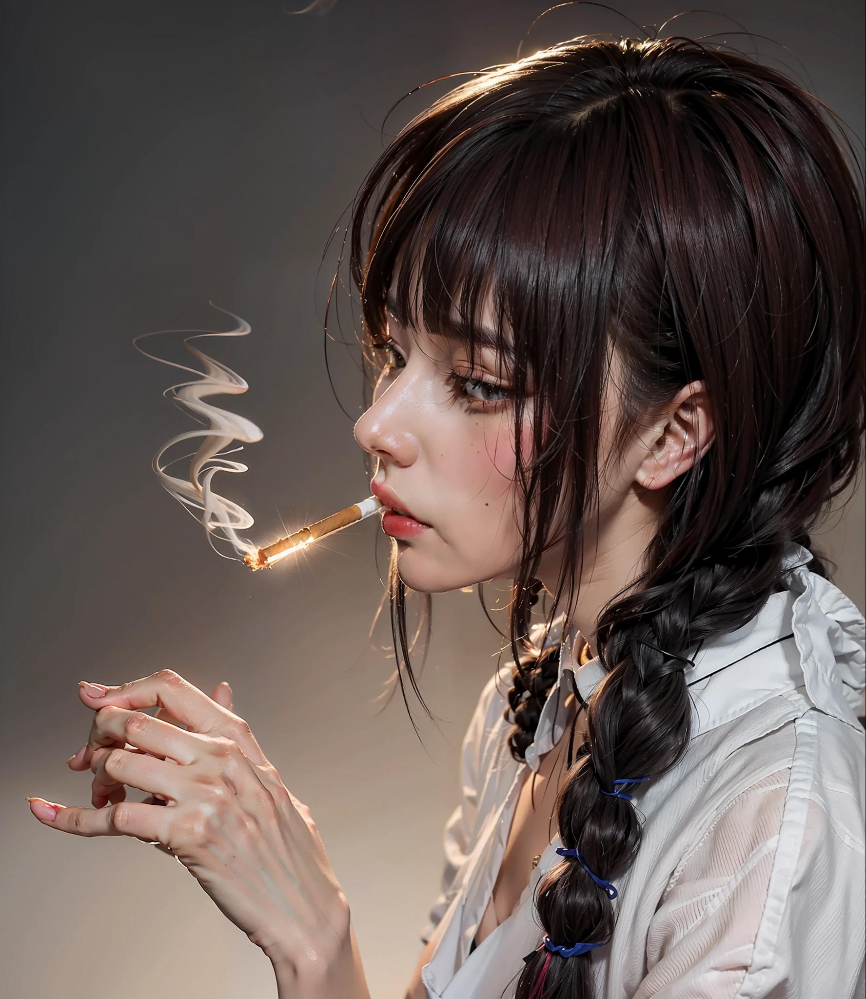 (super-fine,tmasterpiece,best qualityer,Photorealistic)White shirt with black tie,Twist braids,Kizi,red tinted hair,Place one hand on your chest,Make a cigarette lighting position while smoking, Gaze at the melancholy in front of you。