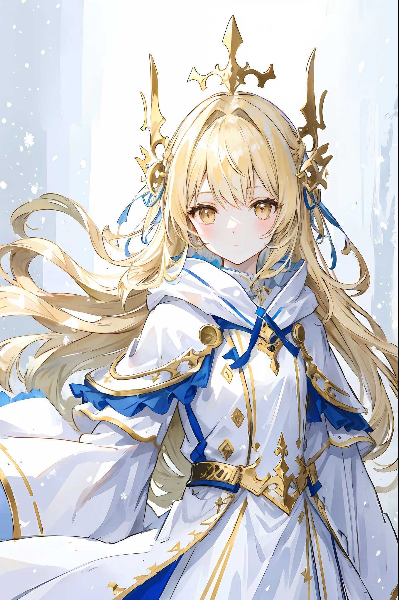 coiffed blonde hair，gold eyes，White hood，long white robe，Snow-white skin，Whole body diagram，tmasterpiece，HighestQuali
