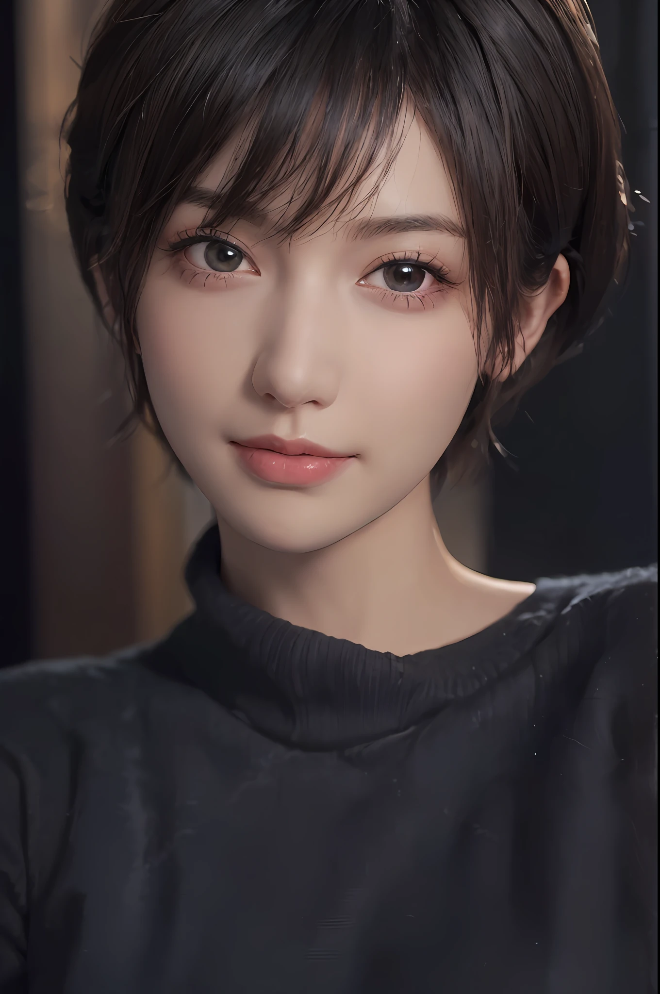 (masterpiece:1.3), (8k, photorealistic, RAW photo, best quality: 1.4), (1girl), beautiful face, (realistic face), (black hair, short hair:1.3), beautiful hairstyle, realistic eyes, beautiful detailed eyes, (realistic skin), beautiful skin, (sweater), absurdres, attractive, ultra high res, ultra realistic, highly detailed, golden ratio