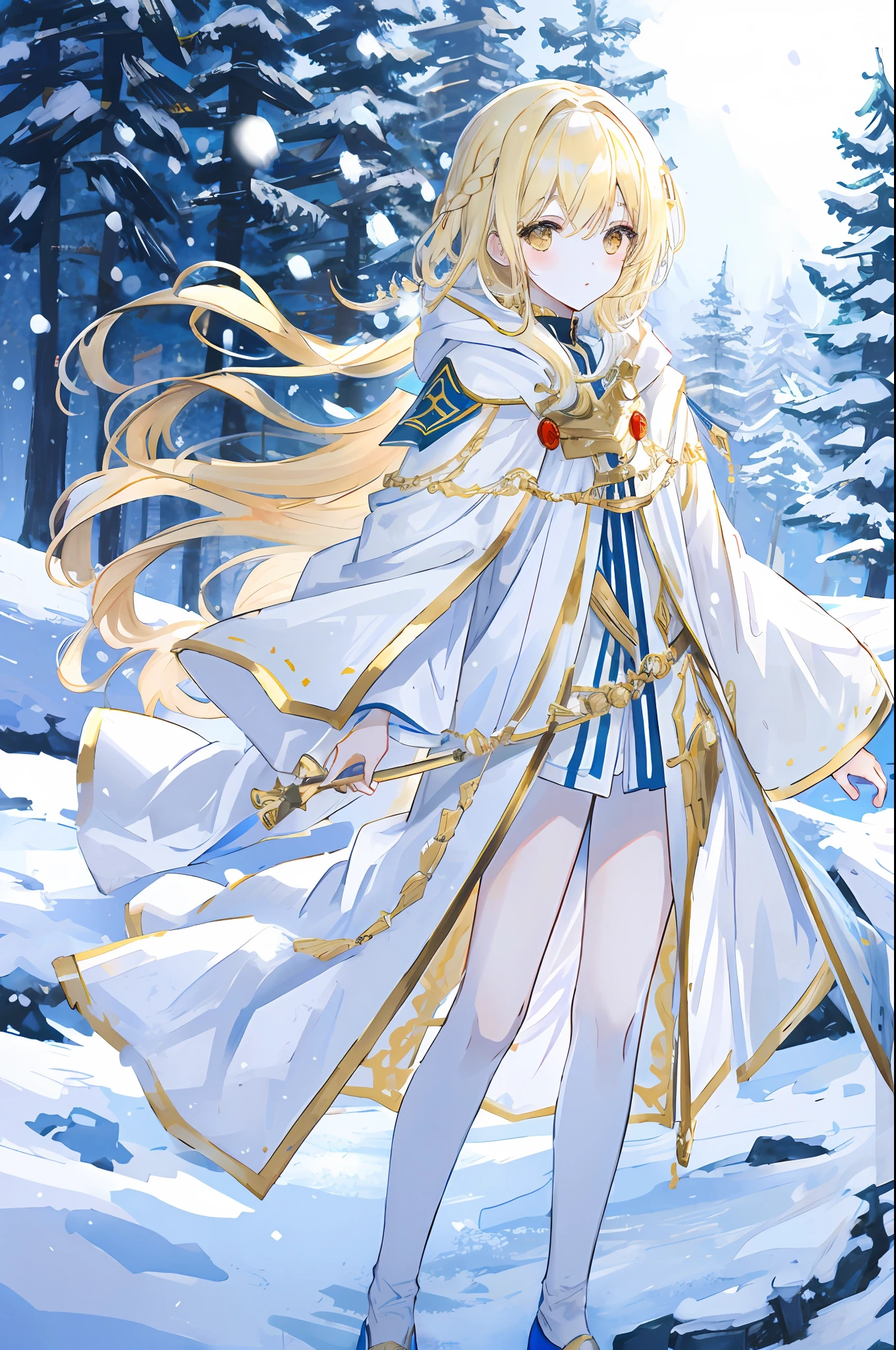 coiffed blonde hair,gold eyes,White hood,long white robe,Snow-white skin,Whole body diagram,tmasterpiece,HighestQuali