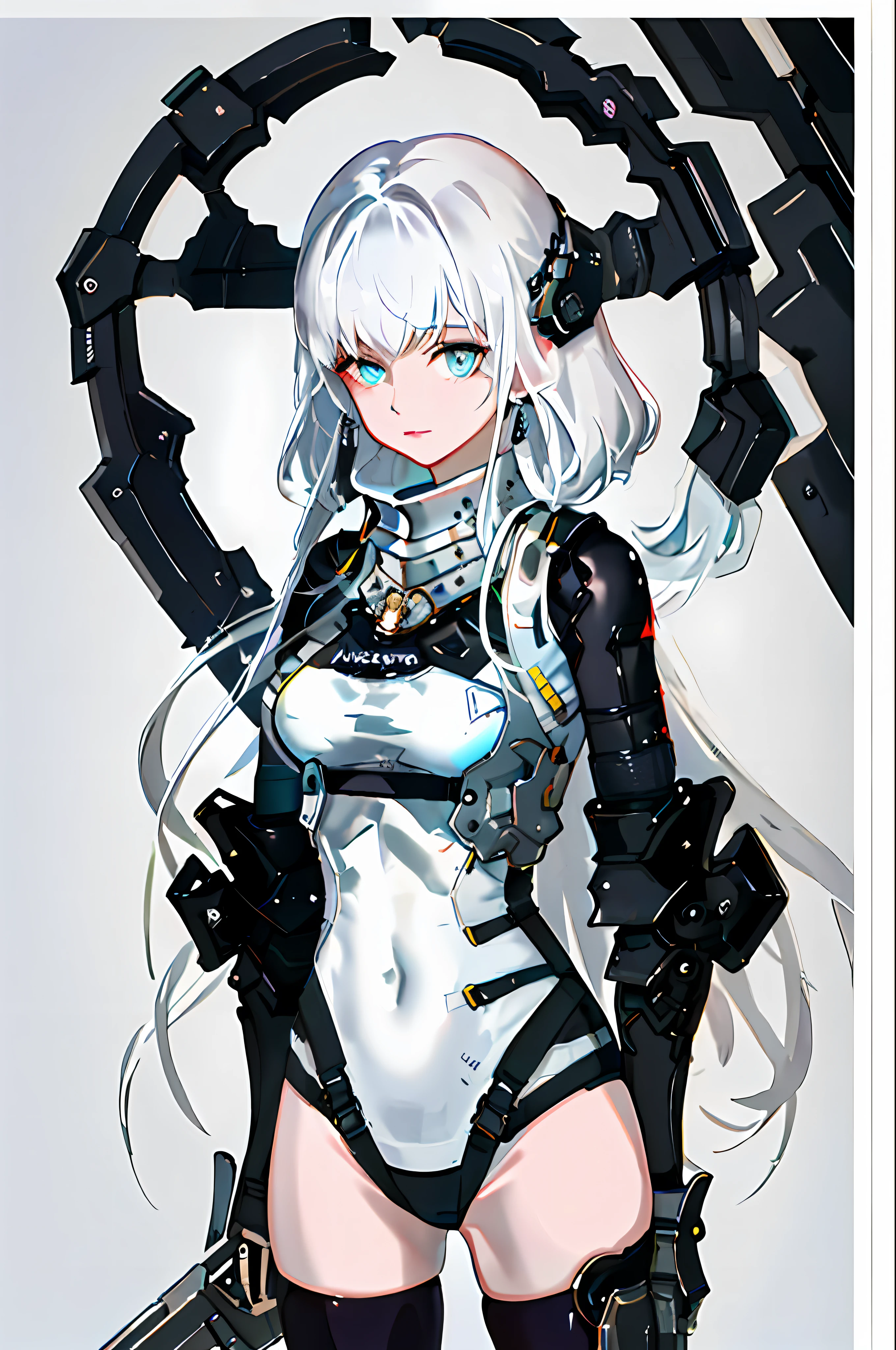 tmasterpiece,Best light and shadow,intricately details,1girll,独奏,whaite hair,long whitr hair,Armour,Exposing thighs,Machinary,solid color backdrop,grey wall,earnestly,looking at viewert,submachine gun