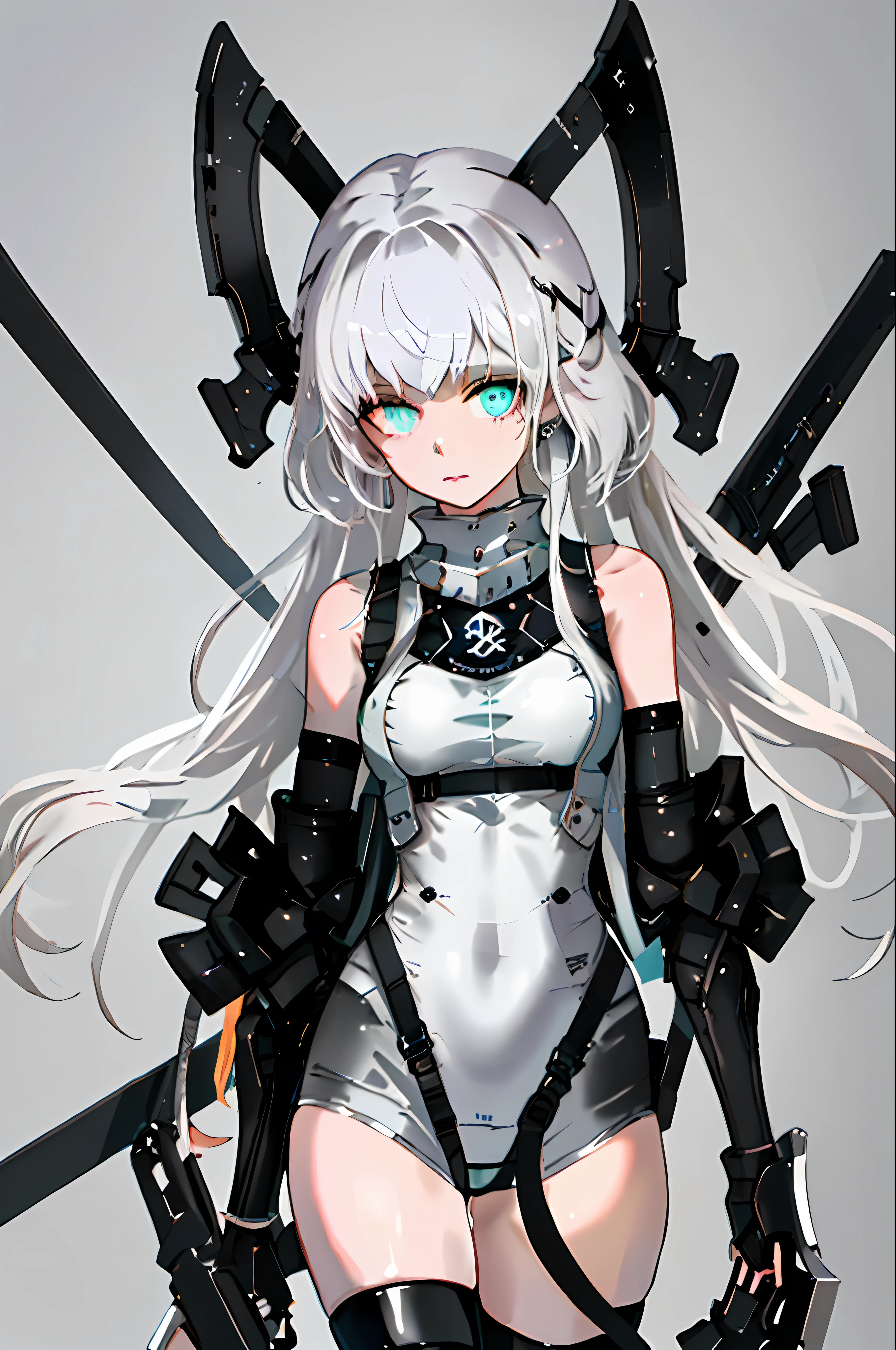 tmasterpiece，Best light and shadow，intricately details，1girll，独奏，whaite hair，long whitr hair，Armour，Exposing thighs，Machinary，solid color backdrop，grey wall，earnestly，looking at viewert，submachine gun