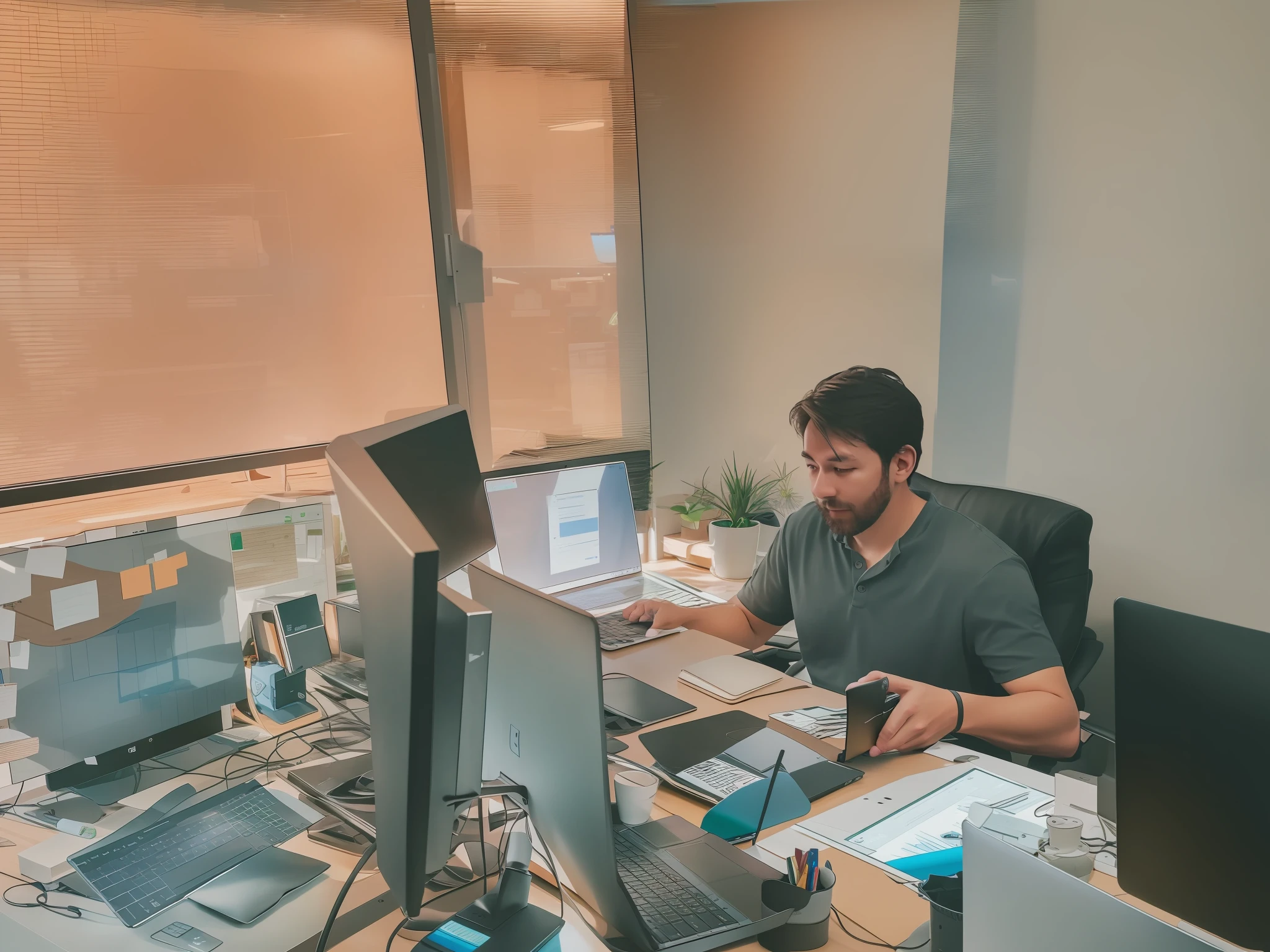 There was a man sitting at his desk,holding laptop, working in an office, At the office, In the office, sitting in office, Sitting at your desk, sitting at a computer desk, in a office, Use his desktop computer, it specialist, in front of a computer, Working hard, working on a laptop at a desk
