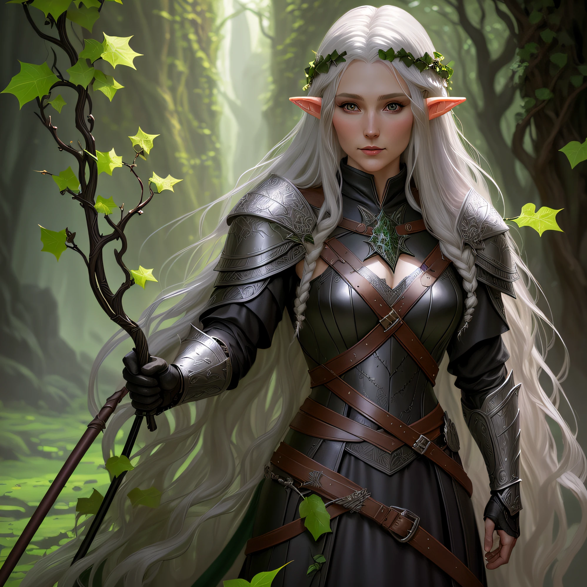 Exquisite CG illustration,Elven female,White skin and beautiful appearance,Highest image quality,Small fresh style,Scratch the surface,Hold the dragon slaying knife in both hands,On the shores of Forest Lake。 --auto