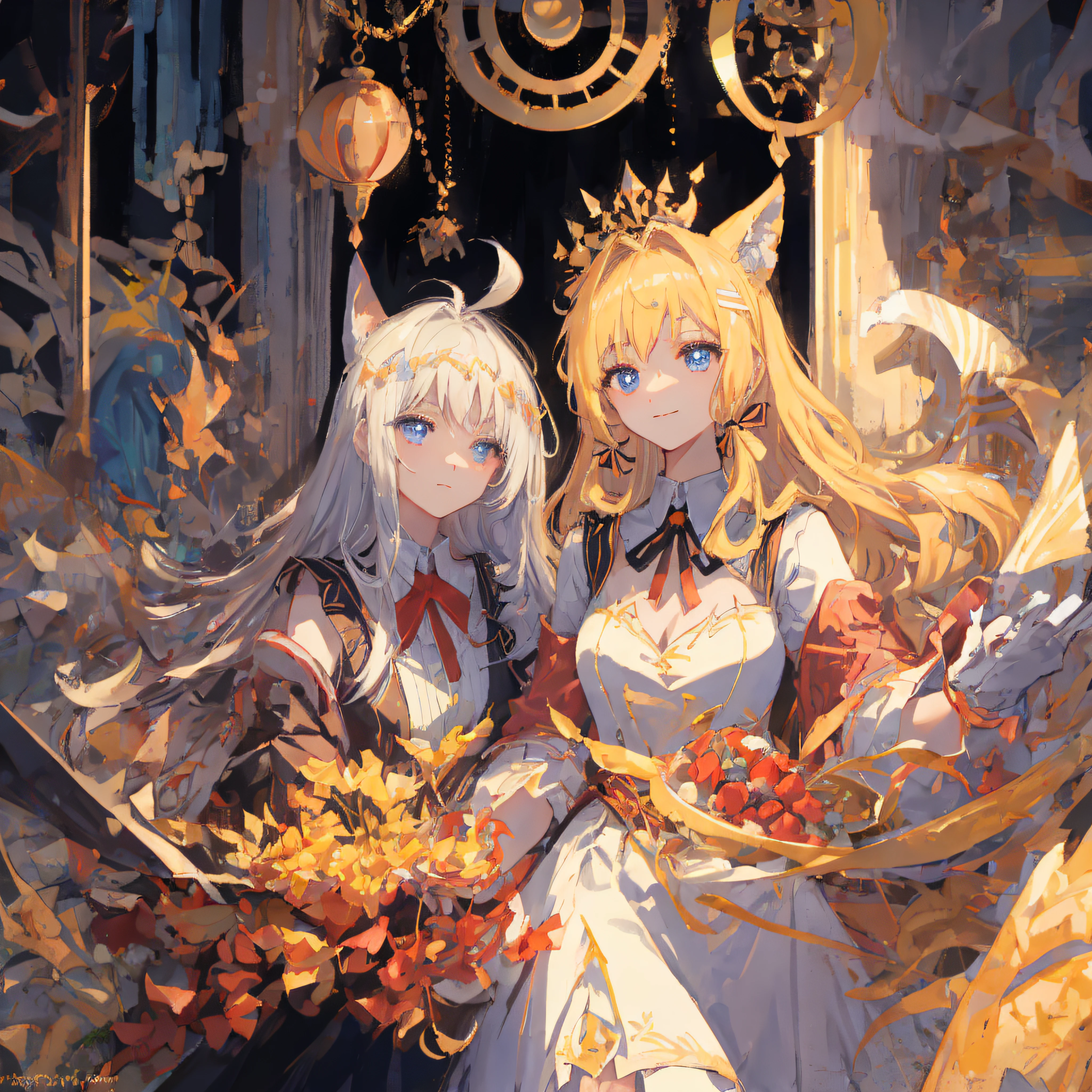MKSKS style, tmasterpiece, top-quality, Hefty Smile, The upper part of the body, curvy build, Hestia (Tanmachi), 1girll, 独奏, long whitr hair, blueribbon, double tails, mitts, Ribbons, shift dresses, eBlue eyes, brunette color hair,mitts, looking at viewert, closing the mouth, tress ribbon, Bow knot, 无袖, sleevelessdress, By bangs, Blushlush,Hollow-out on, hair adornments, neck bowtie, Cut clothes, Very long hair, covered navel, arm ribbon,tightly dress, chest focus, The upper part of the body, super detailing, illustratio, closeup cleavage, straightened, sportrait, sface focus, :p,