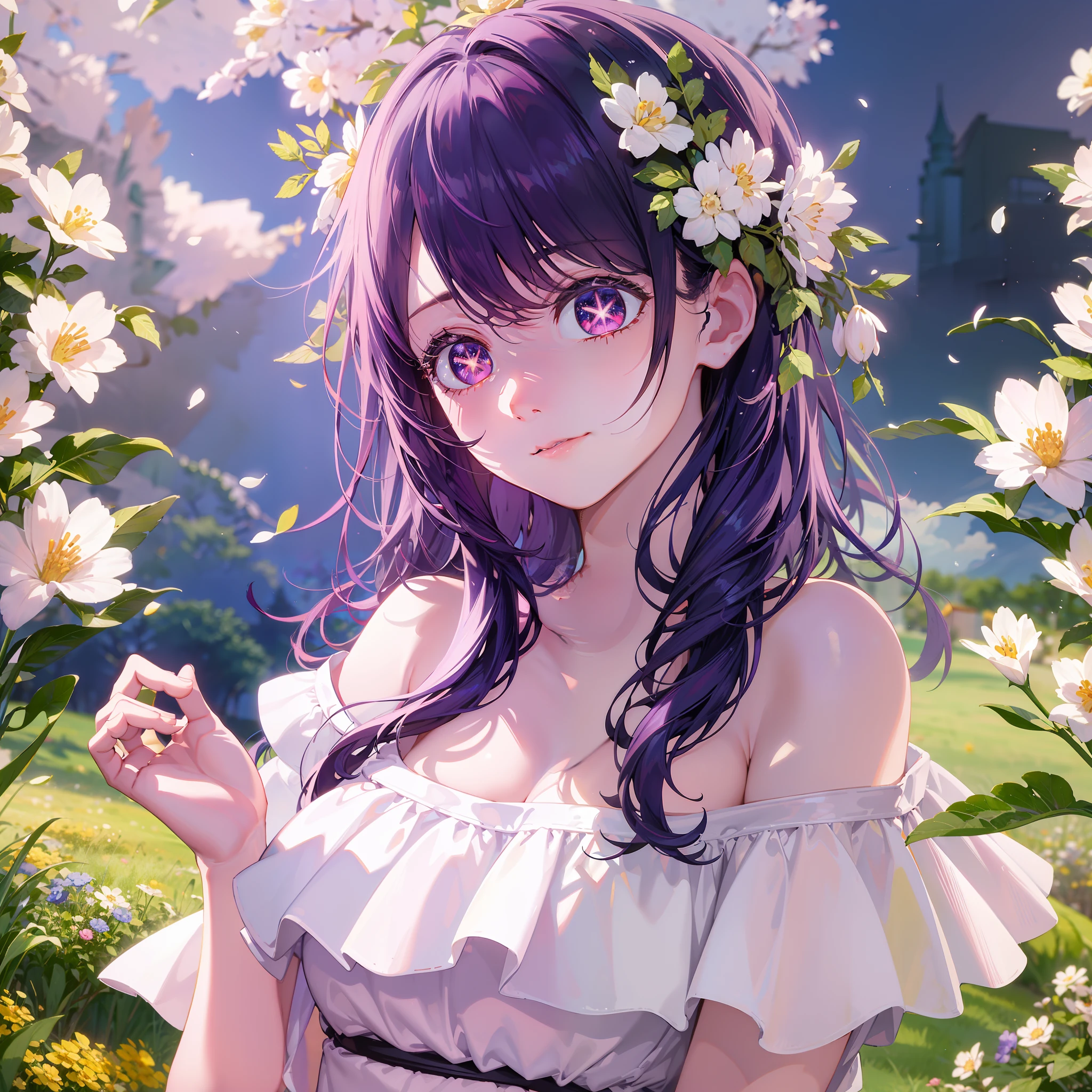 Purple hair, Big eyes, Small breasts, Upper body, cute anime face, HD8K,A masterpiece that enhances details in the best quality pink eyes with colorful flower background