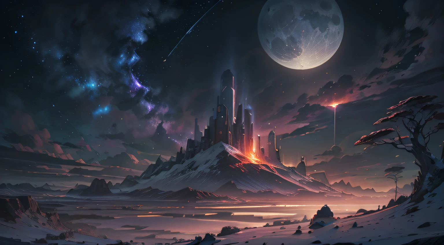 Expansive landscape photography, (See below.), Above is the sky, Below is an open field), (Full Moon: 1.2), (Meteor: 0.9), (Nebula: 1.3), distant mountain, BREAK tree making art, (Warm light source: 1.2), (Firefly: 1.2), lights, Very purple and orange, complicated detail, volume lighting, BREAK realism (Masterpiece: 1.2), (best quality), Ultra-detailed, RAWExtremely detailed, Colorful details, (Rainbow colors: 1.2), (bright lighting, atmospheric lighting), Dreamlike, Magical, 4k