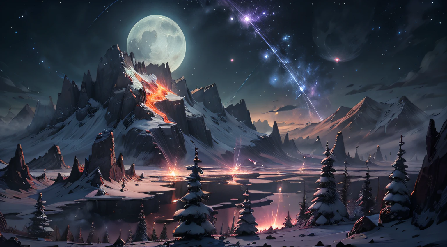 Expansive landscape photography, (See below.), Above is the sky, Below is an open field), (Full Moon: 1.2), (Meteor: 0.9), (Nebula: 1.3), distant mountain, BREAK tree making art, (Warm light source: 1.2), (Firefly: 1.2), lights, Very purple and orange, complicated detail, volume lighting, BREAK realism (Masterpiece: 1.2), (best quality), Ultra-detailed, RAWExtremely detailed, Colorful details, (Rainbow colors: 1.2), (bright lighting, atmospheric lighting), Dreamlike, Magical, 4k