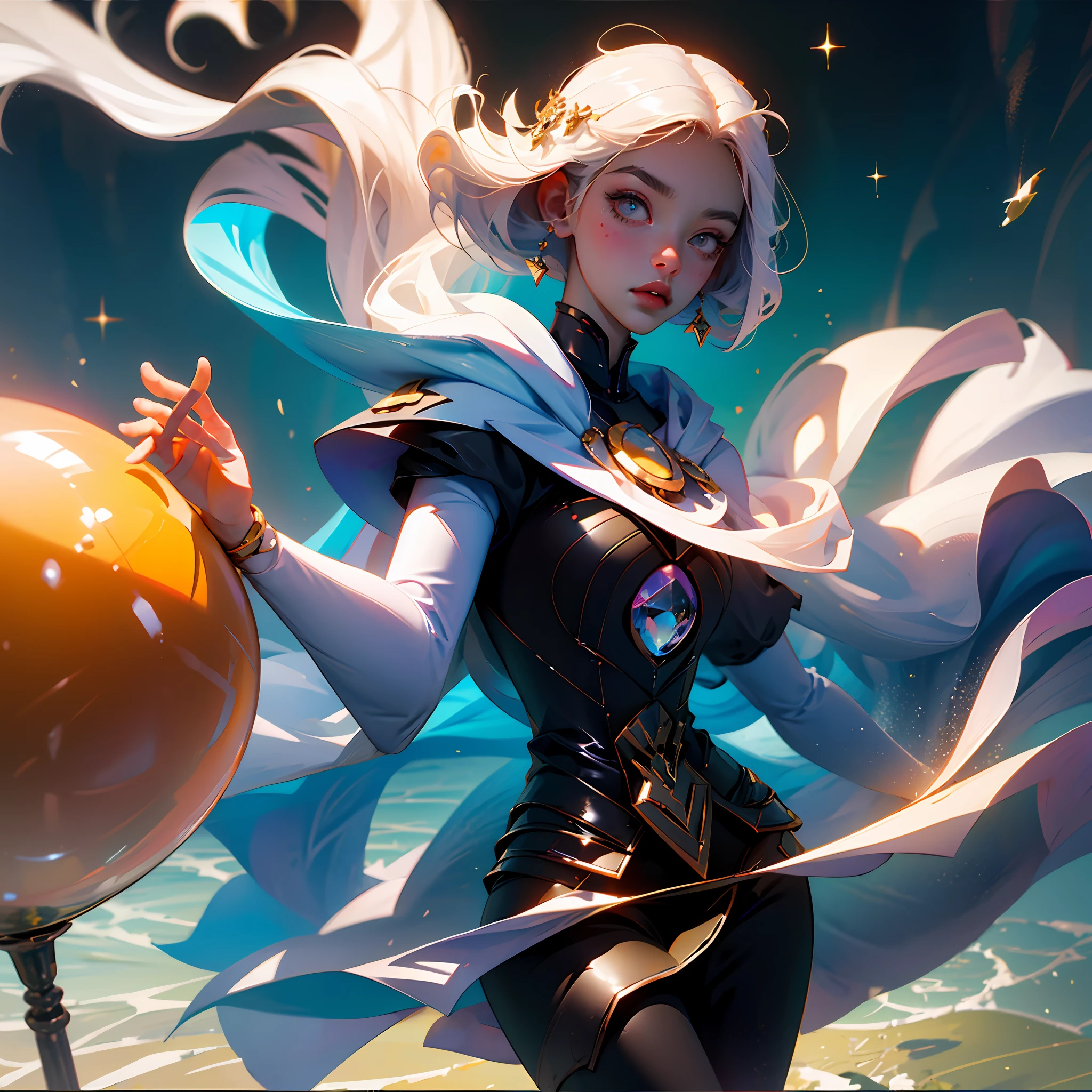 short detailed hair, brunette color hair, good body, sorceress woman, 二重まぶた, Beautiful girl, frigidity, Metal ball, Inside the, magia, geometric figure, Surrealism, 8k, super detail --auto