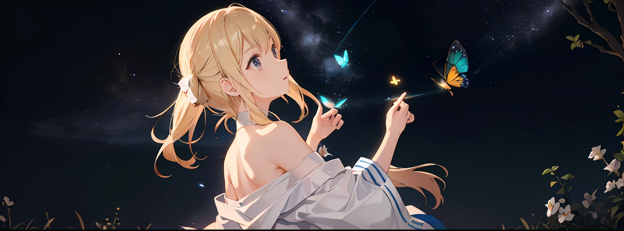 tmasterpiece，Best quality at best，Extremely beautiful reflection，The best reflections。（Very detailed CG unity 8k wallpaper），（Best quality at best），（The best illustrations），（The best shadow），），butterflys，（exquisite leaves），（with light glowing），（particle effect）。Look at the stars on the ground , Beautiful starry sky，clusters of stars，Octane rendering, Ray traching, ultra-detailliert