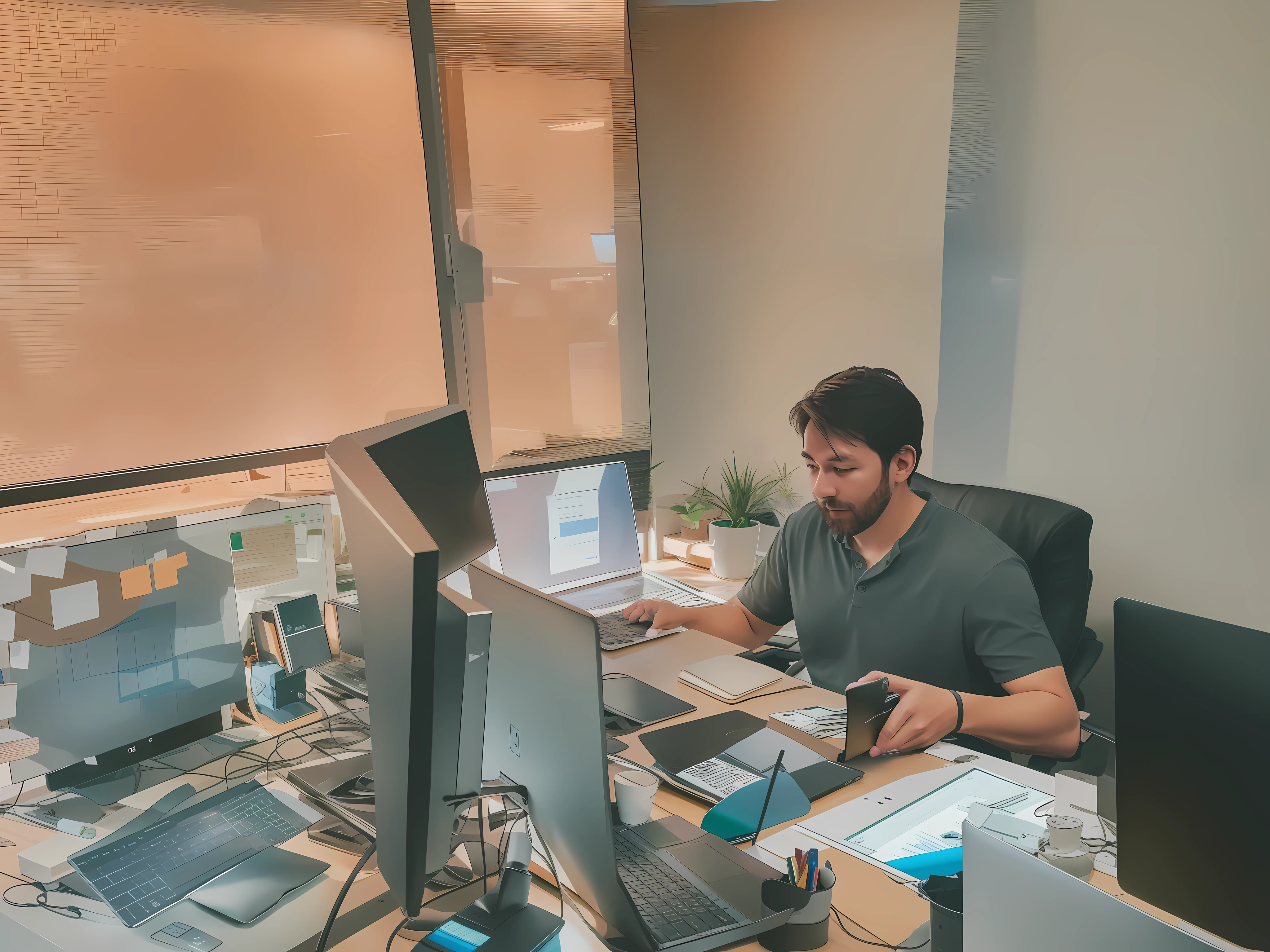 There was a man sitting at his desk,holding laptop, working in an office, At the office, In the office, sitting in office, Sitting at your desk, sitting at a computer desk, in a office, Use his desktop computer, it specialist, in front of a computer, Working hard, working on a laptop at a desk
