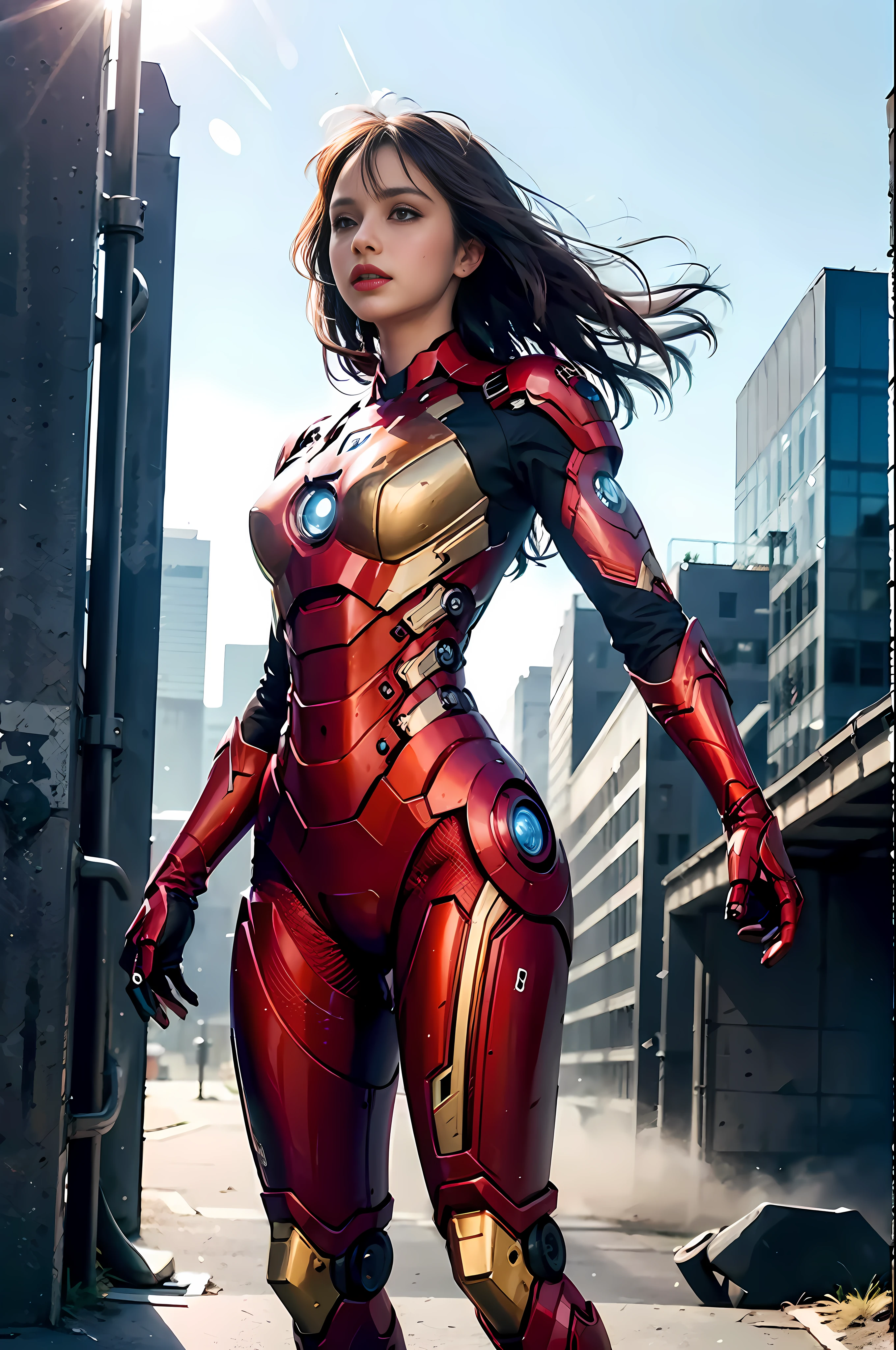 (1girl:1.3), solo,__body-parts__, official art, unity 8k wallpaper, ultra detailed, beautiful and aesthetic, beautiful, masterpiece, best quality, RAW, masterpiece, super fine photo,, best quality, super high Resolution, photorealistic, sunlight, full body portrait, stunningly beautiful,, dynamic pose, delicate face, vibrant eyes, (side view), she is wearing a futuristic Iron Man mech, red and gold, Highly detailed abandoned warehouse background, detailed face, detailed complex busy background, messy, gorgeous, milky, high detailed skin, realistic skin details, visible pores, sharp focus, volumetric fog, 8k uhd, dslr camera, High quality, film grain, fair skin, photorealism, lomography, sprawling metropolis in a futuristic dystopia, view from below, translucent