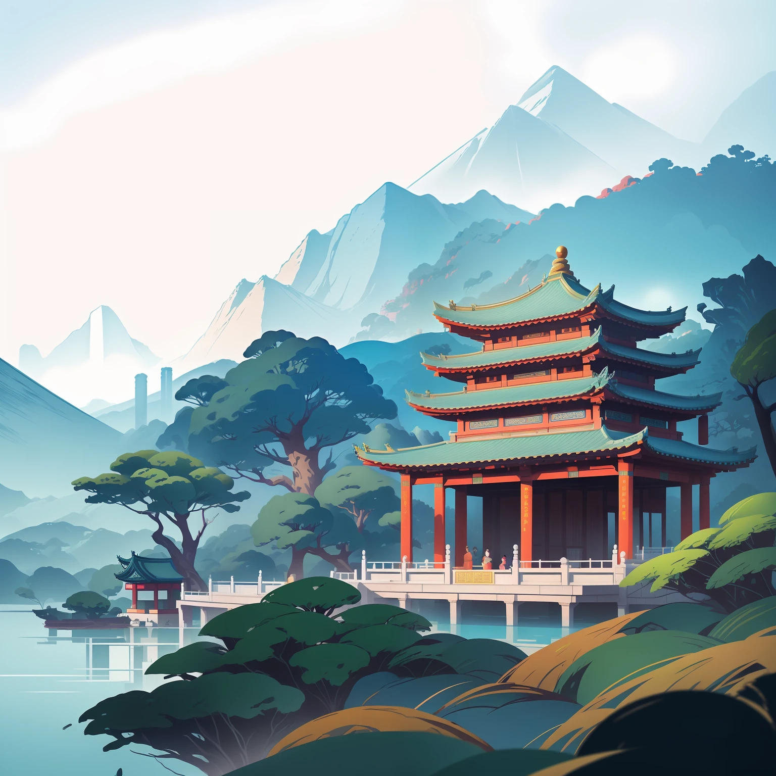 chinese traditional architecture，multi-layer，towering，spectacular，Different buildings，combi，The background is the mountain，red colour，large tall，immensity，pavilion，lanterns，Cornices，Torii，festivity，crowd of，megabuildings，pillar，Building， hyper HD， high qulity， extremely detaile， offcial art， 统一 8k 壁纸， super detailing， 32k --auto