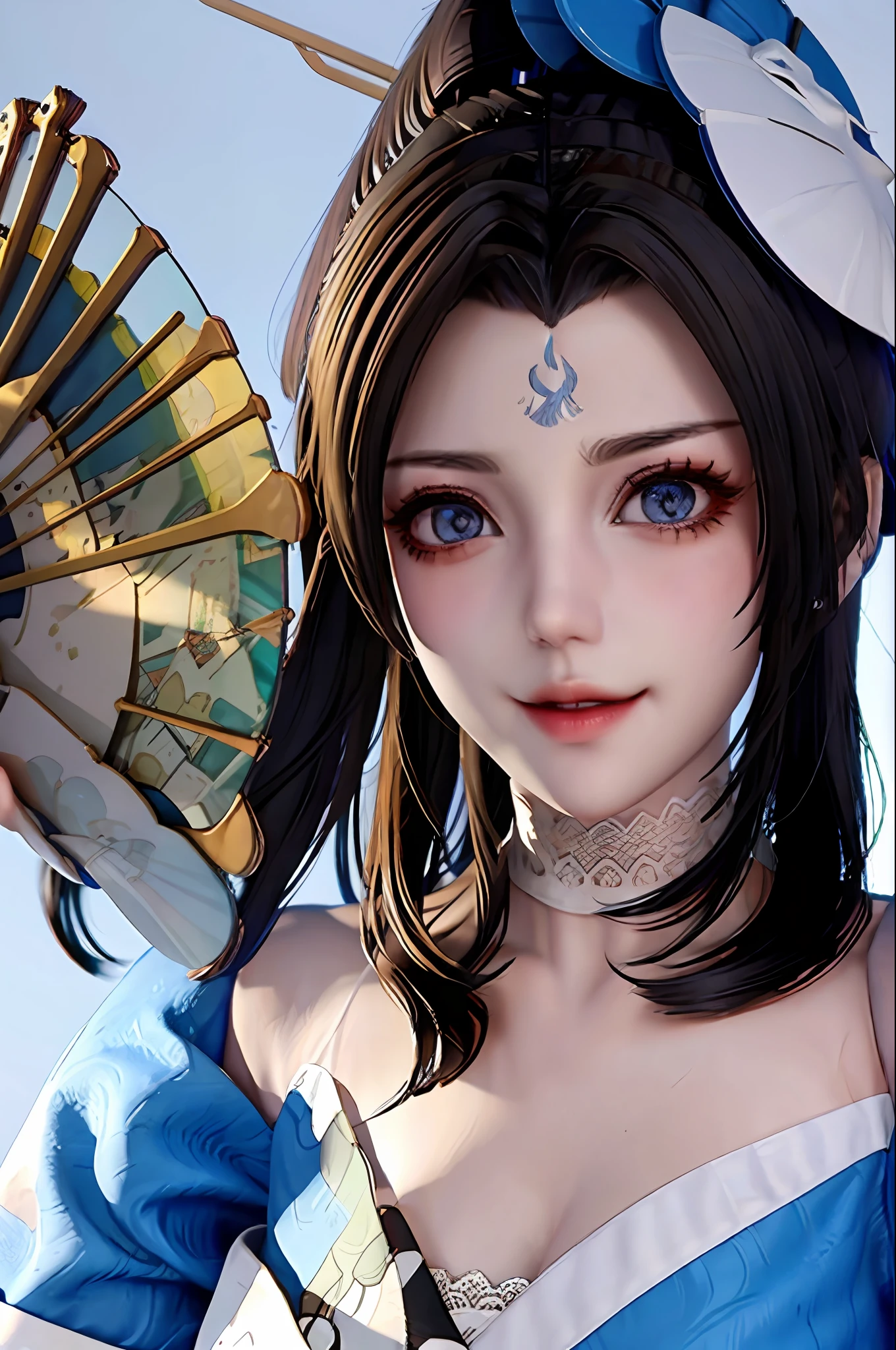 huowu,1girl, solo, black hair, long hair,white thighhighs, chair, high heels, cosplay,((upper body)),young and beautiful, tall and beautiful, fair face, perfect features, tall and beautiful, fair skin, good figure, 4k,cg,
holding fan, blue theme,gameCG background,3Drender,realistic,cinematic lighting,smooth fog,detailed face, light smile, (((The Architectural Background of Japanese Style)))