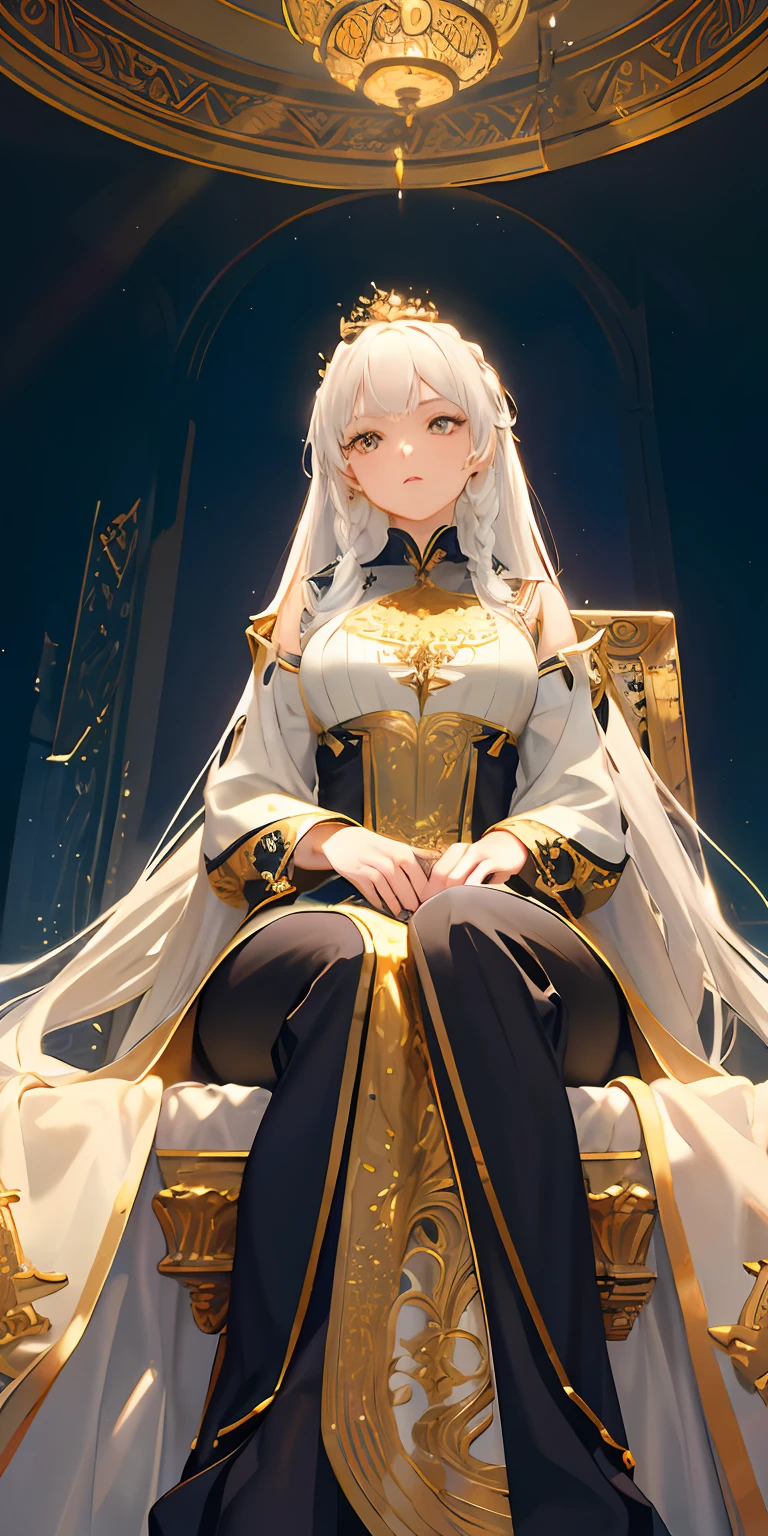 Excellent, masterpiece, white hair, golden eyes, white clothes, looking up, full body, hair, fair skin, side braids