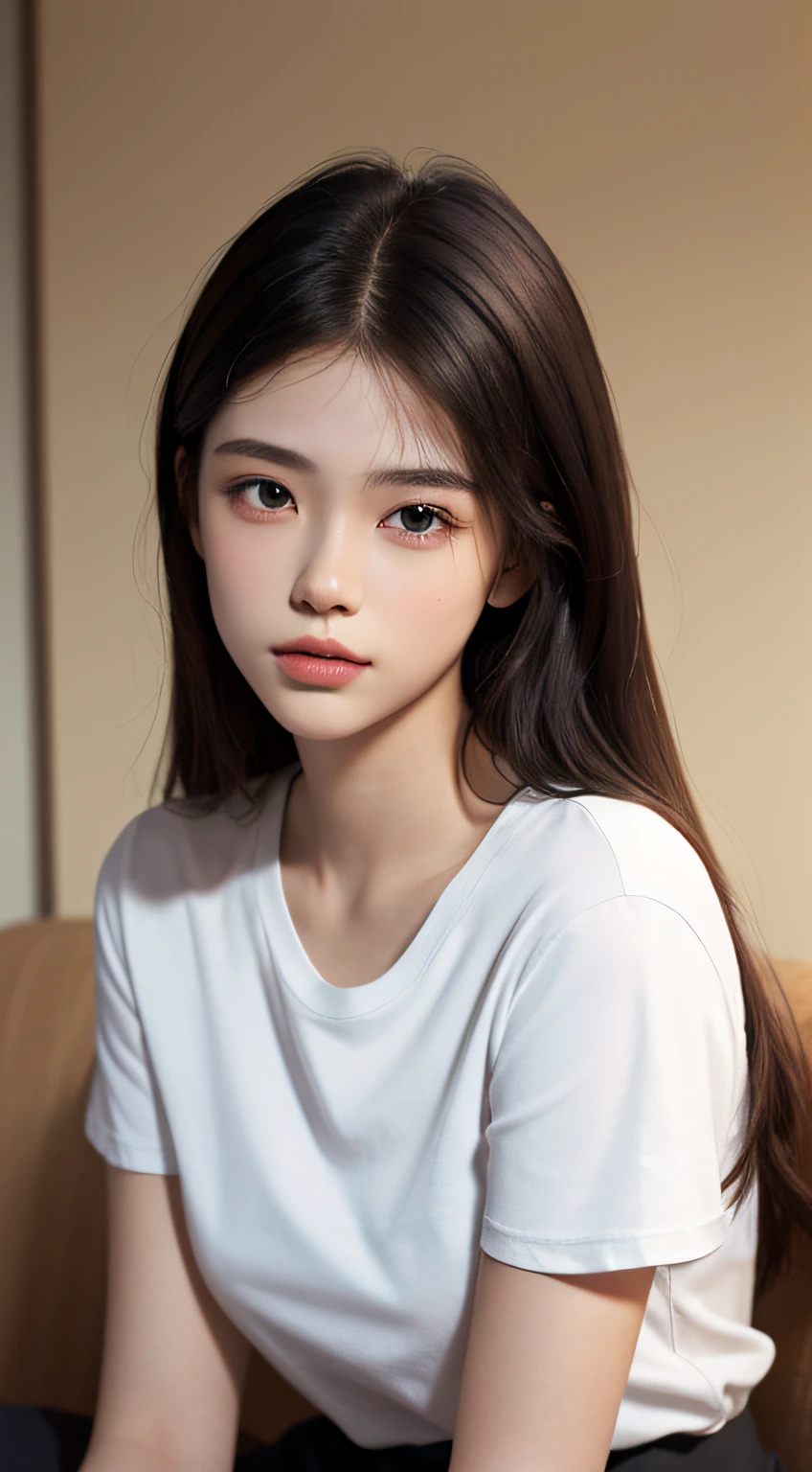 20 years old woman, long  hair, Calm tone, subdued colors, (Natural skin texture, hyperrealism, Soft light, edgy), White T-shirt, JINS