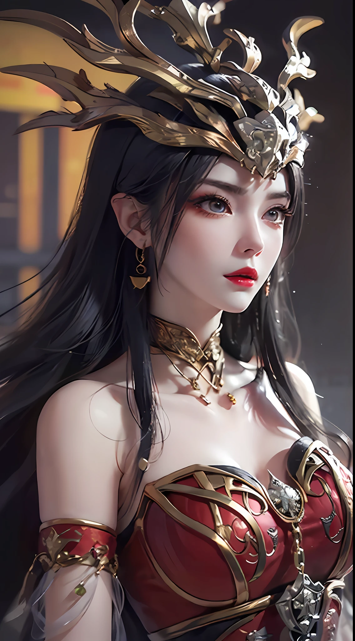 1 very beautiful queen medusha in hanfu dress, thin red silk shirt with many yellow motifs, black lace top, crown on her head, long hair dyed black, beautiful hair jewelry, pretty face pretty and cute, perfect face, earring jewelry, light purple rabbit ears, antique jewelry, big red eyes, sharp eye makeup, meticulous makeup eyelashes, thin eyebrows, nose tall, pretty red lips, no smile, pursed lips, rosy cheeks, wide breasts, big breasts, well-proportioned breasts, slim waist, red mesh stockings with black lace, Chinese hanfu style, fictional art patterns, colors vivid and realistic, RAW photos, realistic photos, ultra-high quality 8k surreal photos, cool photos, (virtual lighting effects: 1.8), 10x pixels, magic effects (background): 1.8), super detailed eyes, beautiful girl body portrait, girl alone, ancient hanfu background, looking directly at the audience, wide original photo, 8k quality, super sharp, detailed and clear picture best, detailed light background,
