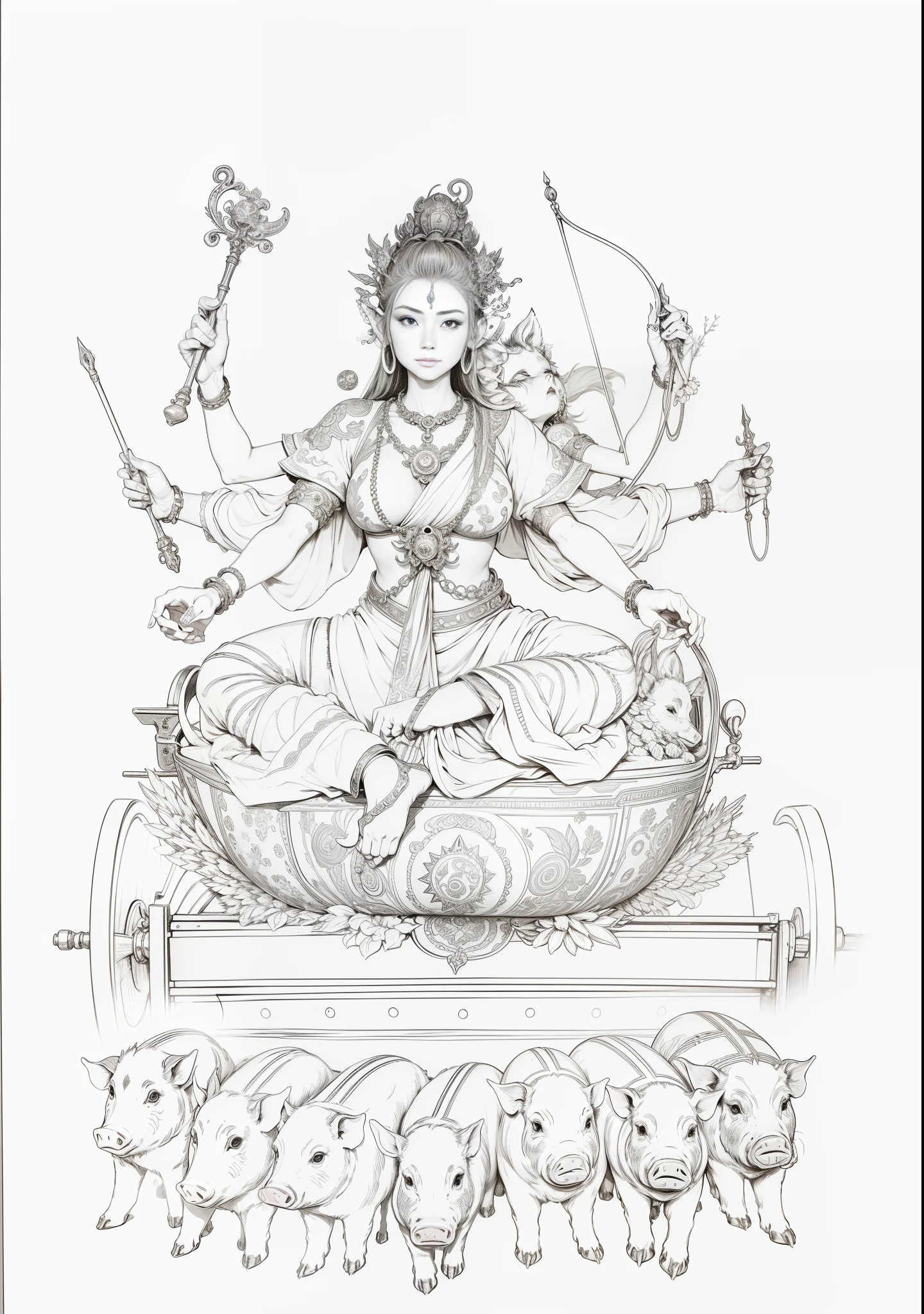 Three-sided eight-armed female bodhisattva,sitting on a rook,Eight hands hold various magic weapons,There are seven piglets pulling the cart side by side in front of the car,Bodhisattvas have round light,Light,Blue sky in the background,Moon on the left,Sun on the right,Brighter,Positive light,The light is uniform and bright,The characters are bright and natural,Photographic techniques,