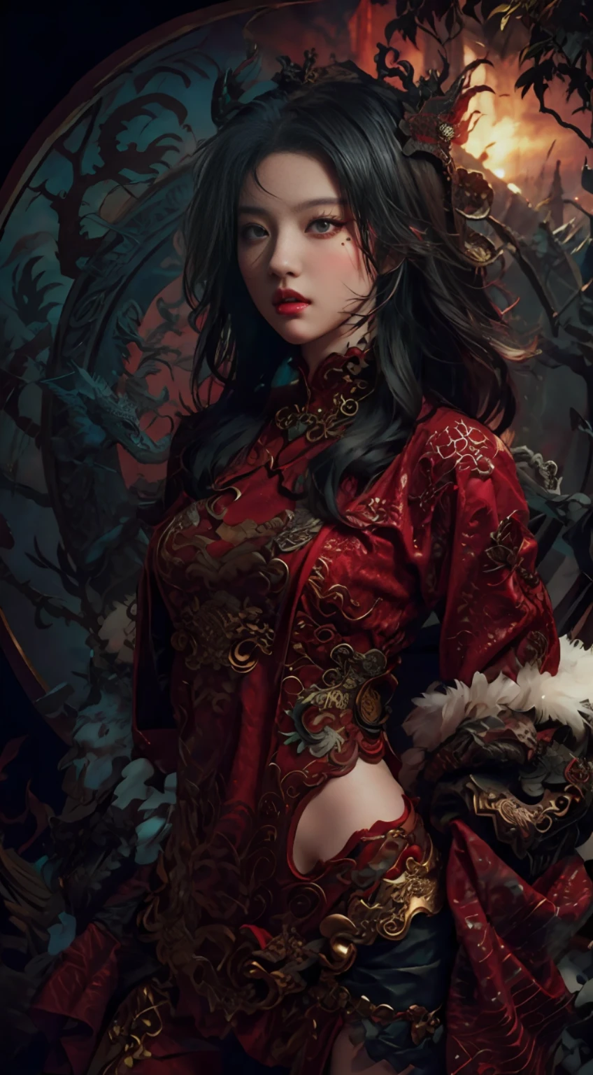 Dragon tattoo woman in red clothes