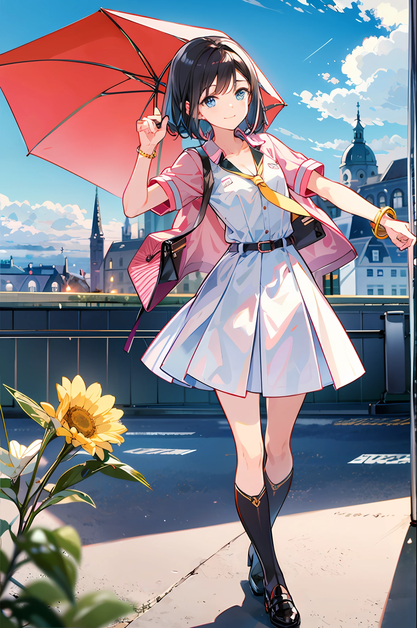 ，（tmasterpiece：1.2，high high quality），（pix：1.4），TIV，
1girll， cleanness， umbrella， a skirt， Skysky， 独奏， halter， Black hair， exteriors， Sacoche， ​​clouds， looking at viewert， The shirt， short detailed hair， With an umbrella， white  skirt， By bangs， clear umbrella， railing， jewely， short- sleeved， Keep one's mouth shut， eBlue eyes， teruterubouzu， jaket， blue-sky， bblurry， black shirt， standing on your feet， mostly cloudy sky， ssmile， 鎖骨， Be red in the face， depth of fields， daysies， Open your clothes， bangle， Pink jacket， bru， cow boy shot，black pantyhoses，boot