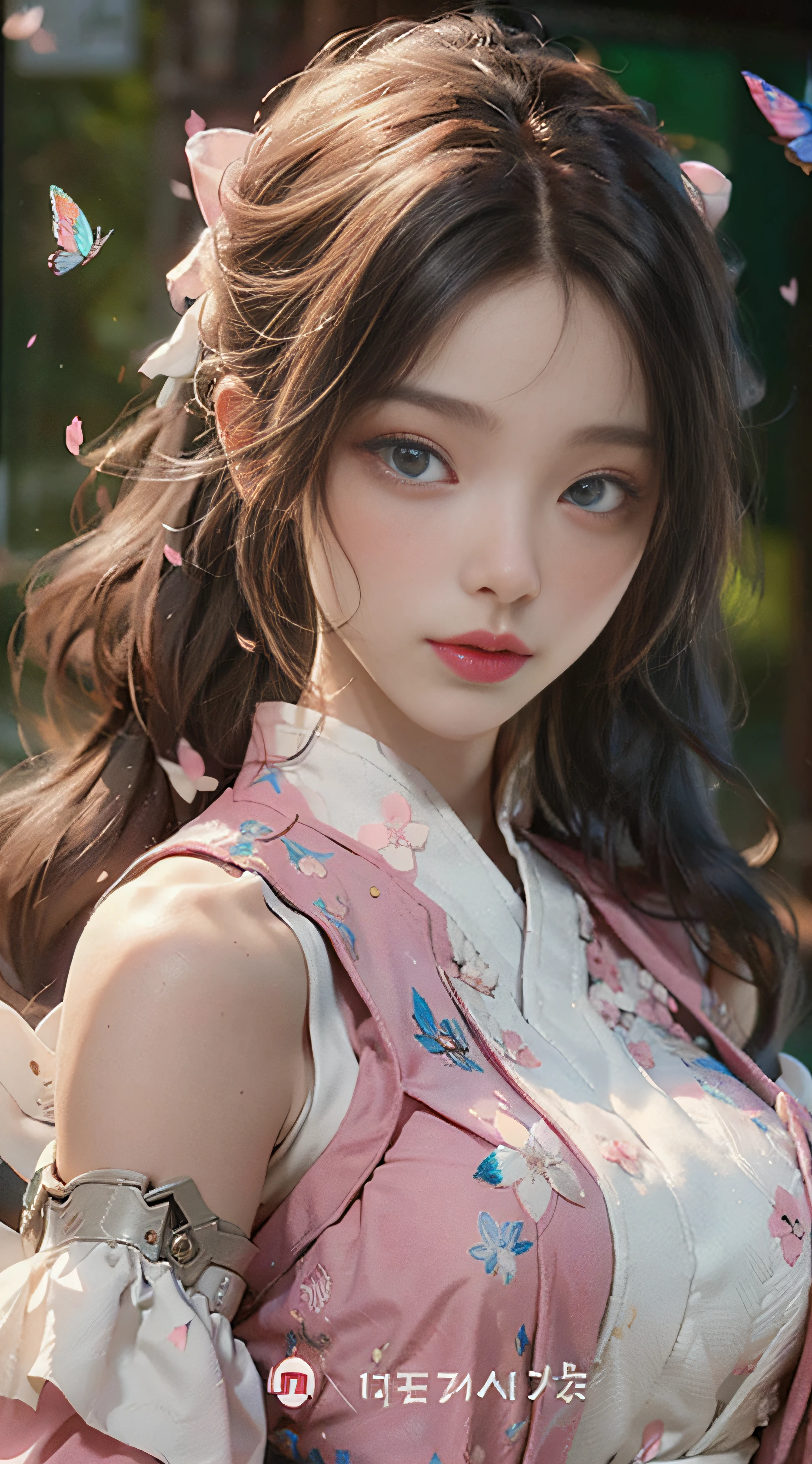 ((Best Quality)), ((Masterpiece)), (Detail: 1.4), 3D, Beautiful Cyberpunk Female Image, HDR (High Dynamic Range), Ray Tracing, NVIDIA RTX, Super Resolution, Unreal 5, Subsurface Scattering, PBR Texture, Post-Processing, Anisotropic Filtering, Depth of Field, Maximum Sharpness and Sharpness, Multi-layer Texture, Albedo and Highlight Mapping, Surface Coloring, Mitsu-Accurate Simulation of Material Interactions, Perfect Proportions, Octane Rendering, Two-color Light, Large Aperture, Low ISO, white balance, regular three-point, 8K RAW, beautiful bright pupils, flowing robe, fine pupils, delicate face and eyes, long eyelashes, blush, fluffy hair, pink lips, pure, cute, sweet girl, cherry blossom petals falling, butterflies, high-class sense