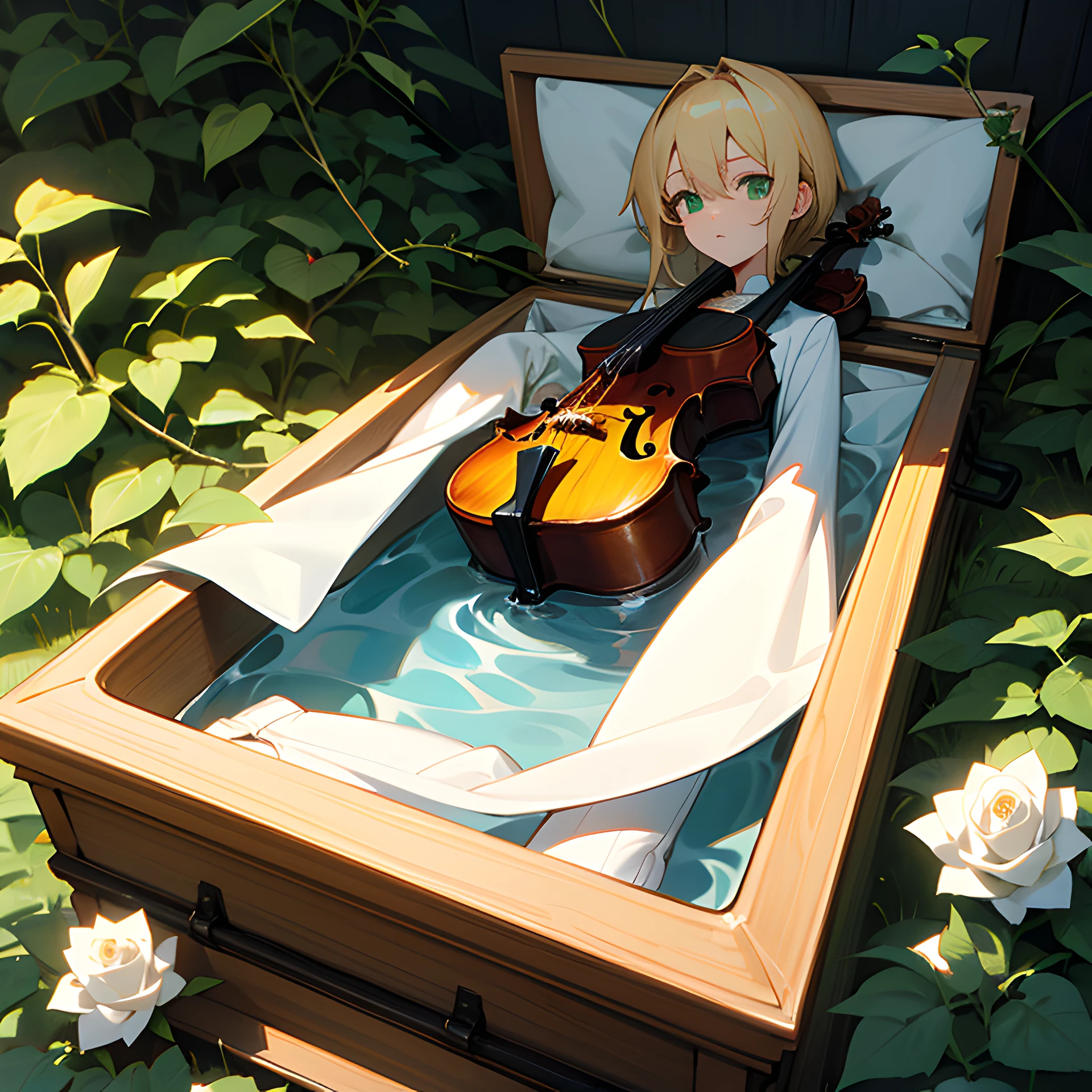 blond hairbl,Green eyes,White suit,mtu,violin,casket,rosebush,vine,small stream --auto