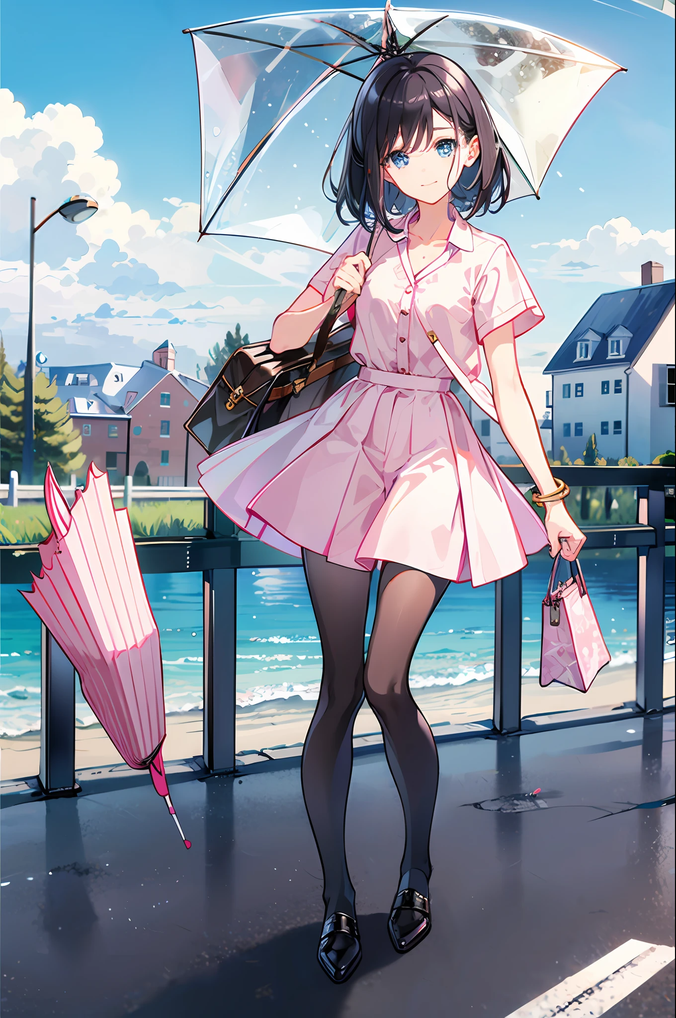 ，（tmasterpiece：1.2，high high quality），（pix：1.4），TIV，
1girll， cleanness， umbrella， a skirt， Skysky， 独奏， halter， Black hair， exteriors， Sacoche， ​​clouds， looking at viewert， The shirt， short detailed hair， With an umbrella， white  skirt， By bangs， clear umbrella， railing， jewely， short- sleeved， Keep one's mouth shut， eBlue eyes， teruterubouzu， jaket， blue-sky， bblurry， black shirt， standing on your feet， mostly cloudy sky， ssmile， 鎖骨， Be red in the face， depth of fields， daysies， Open your clothes， bangle， Pink jacket， bru， cow boy shot，black pantyhoses，boot