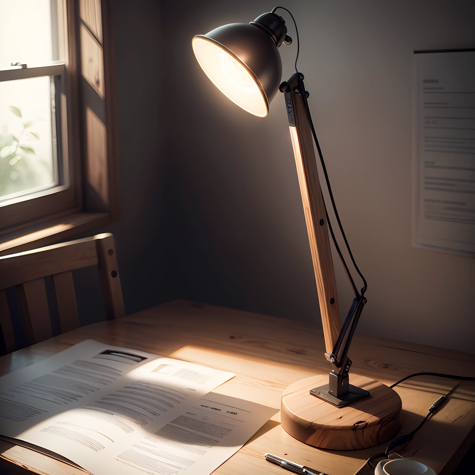 here is a desk lamp that is on a wooden table, highly detailed soft lighting, photorealistic lighting, with photorealistic lighting, hyper - realistic lighting, detailed lighting hd 4k, soft lighting 8k resolution, soft lighting 8 k resolution, realistic soft lighting, hyperrealistic lighting, hyper realistic lighting, detailed lighting, 8 k. volumetric lighting. dark --auto