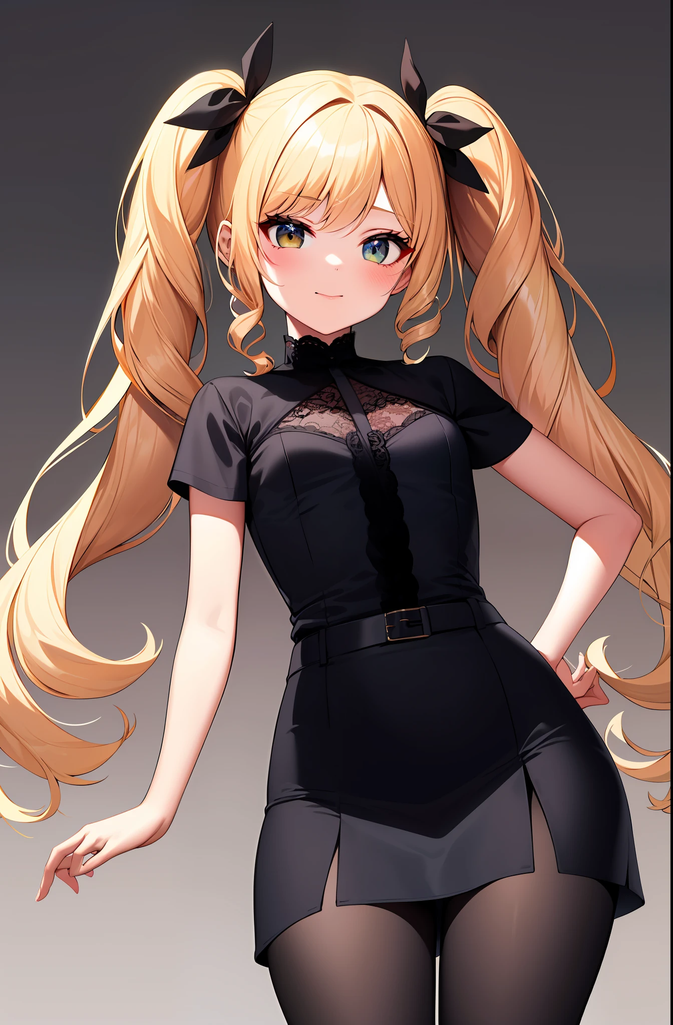 Little girl,curlies,Lace black shirt,twintails,Professional Dress,Skirt that wraps hips,Black tights,Golden hair