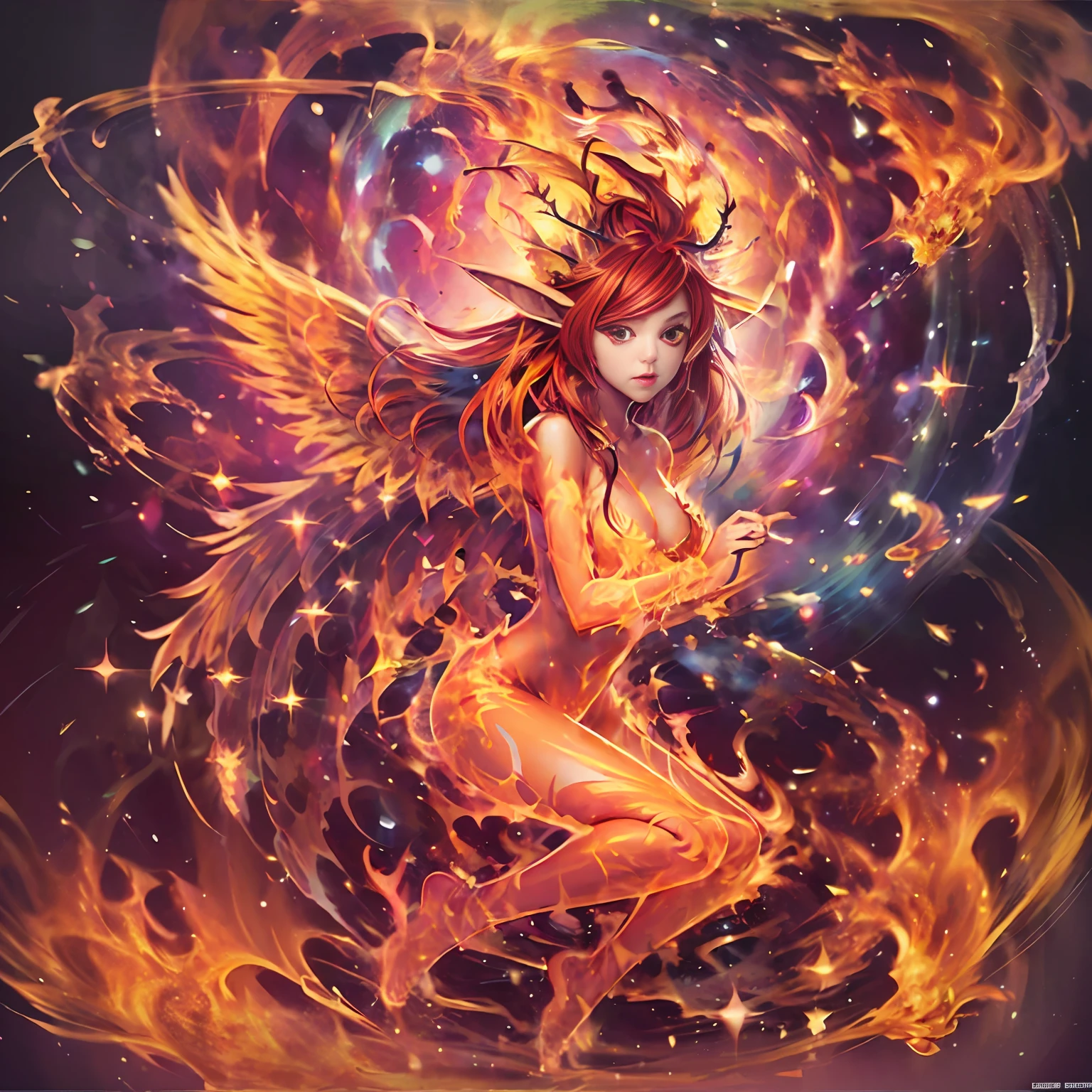 full body character portrait, Forest fire elves, (best qualtiy,8K,tmasterpiece:1.3),red tinted hair,Petite body,(美丽细致的眼睛), (Super detail), (Desktop wallpapers), (Detailed face),Rays emit light, lightwave, Panoramic lighting, atmosphric perspective, zori,Anti – Aliasing: 5D, lightpainting, colours、 Beautiful face,perfect figure beautiful woman:1.4, Clear facial features, Symmetrical transparent wings, stunning detailed,