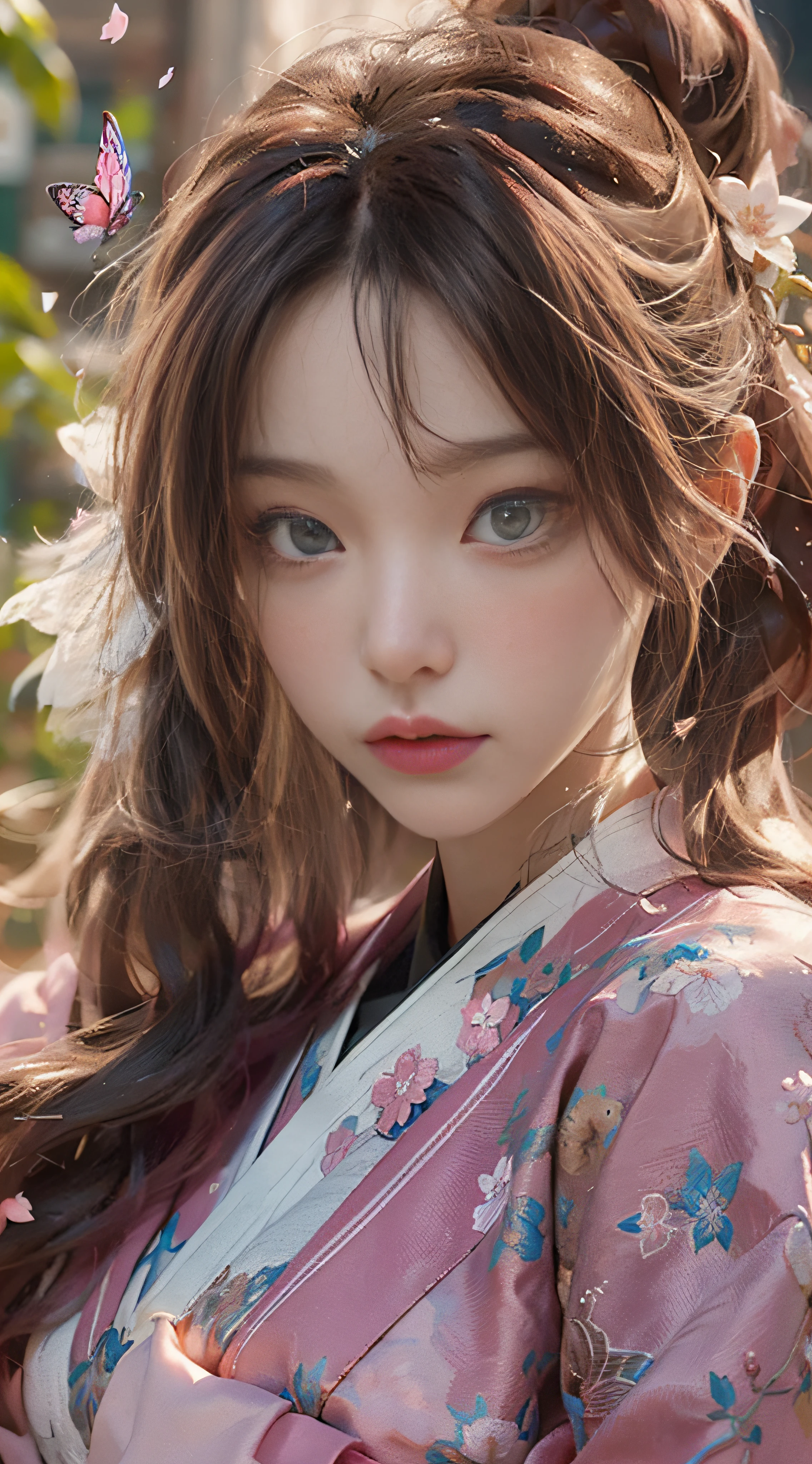 ((Best Quality)), ((Masterpiece)), (Detail: 1.4), 3D, Beautiful Cyberpunk Female Image, HDR (High Dynamic Range), Ray Tracing, NVIDIA RTX, Super Resolution, Unreal 5, Subsurface Scattering, PBR Texture, Post-Processing, Anisotropic Filtering, Depth of Field, Maximum Sharpness and Sharpness, Multi-layer Texture, Albedo and Highlight Mapping, Surface Coloring, Mitsu-Accurate Simulation of Material Interactions, Perfect Proportions, Octane Rendering, Two-color Light, Large Aperture, Low ISO, white balance, regular three-point, 8K RAW, beautiful bright pupils, flowing robe, fine pupils, delicate face and eyes, long eyelashes, blush, fluffy hair, pink lips, pure, cute, sweet girl, cherry blossom petals falling, butterflies, high-class sense