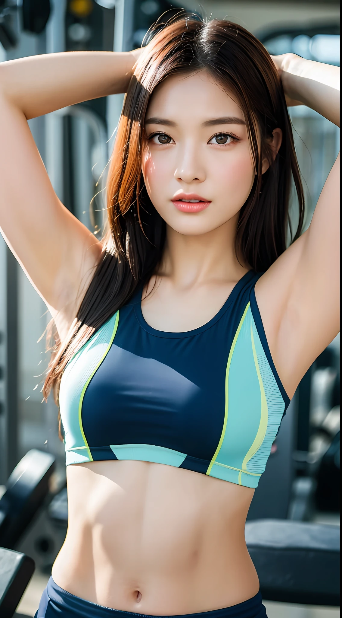 (yinchuan:1.5),, masterpiece, top-quality, Raw foto, Photorealsitic, large full breasts、beautiful and flawless face, Soft smile、20 years girl、huge tit、training gym、Weight training、Muscle training、trainingwear、Navel exposed training clothes middle hair、depth of fields, hight resolution, ultra-detailliert, finely detail, ighly detailed, extremely detailed eye and face, Sharp pupils, raise arms、