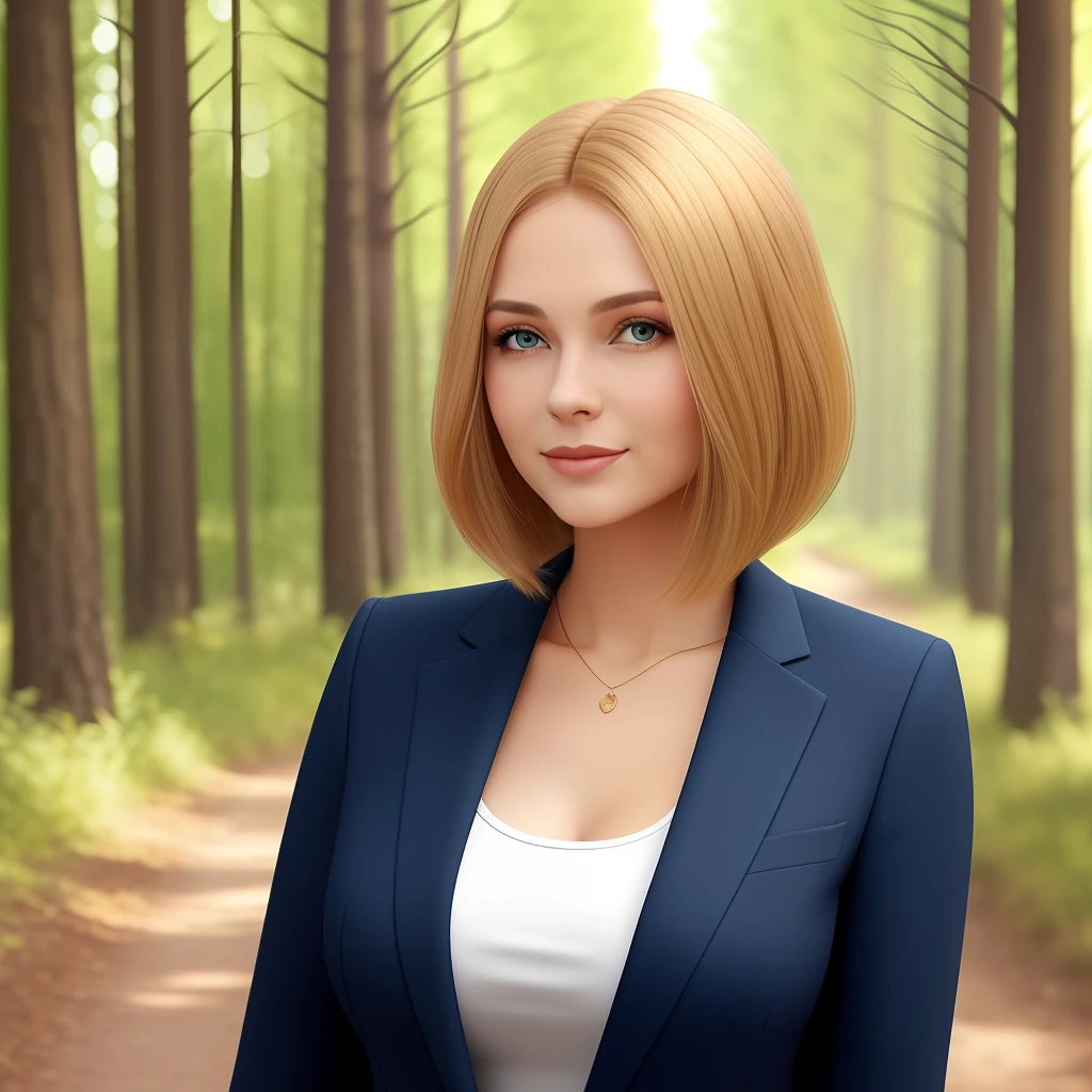 best qualtiy，8k，32k，tmasterpiece，UHD：1.2），Cute Russian Woman Picture，very Bigger breasts，Very short golden bob hair，The upper part of the body，（Business suit，：1.1），Background forest