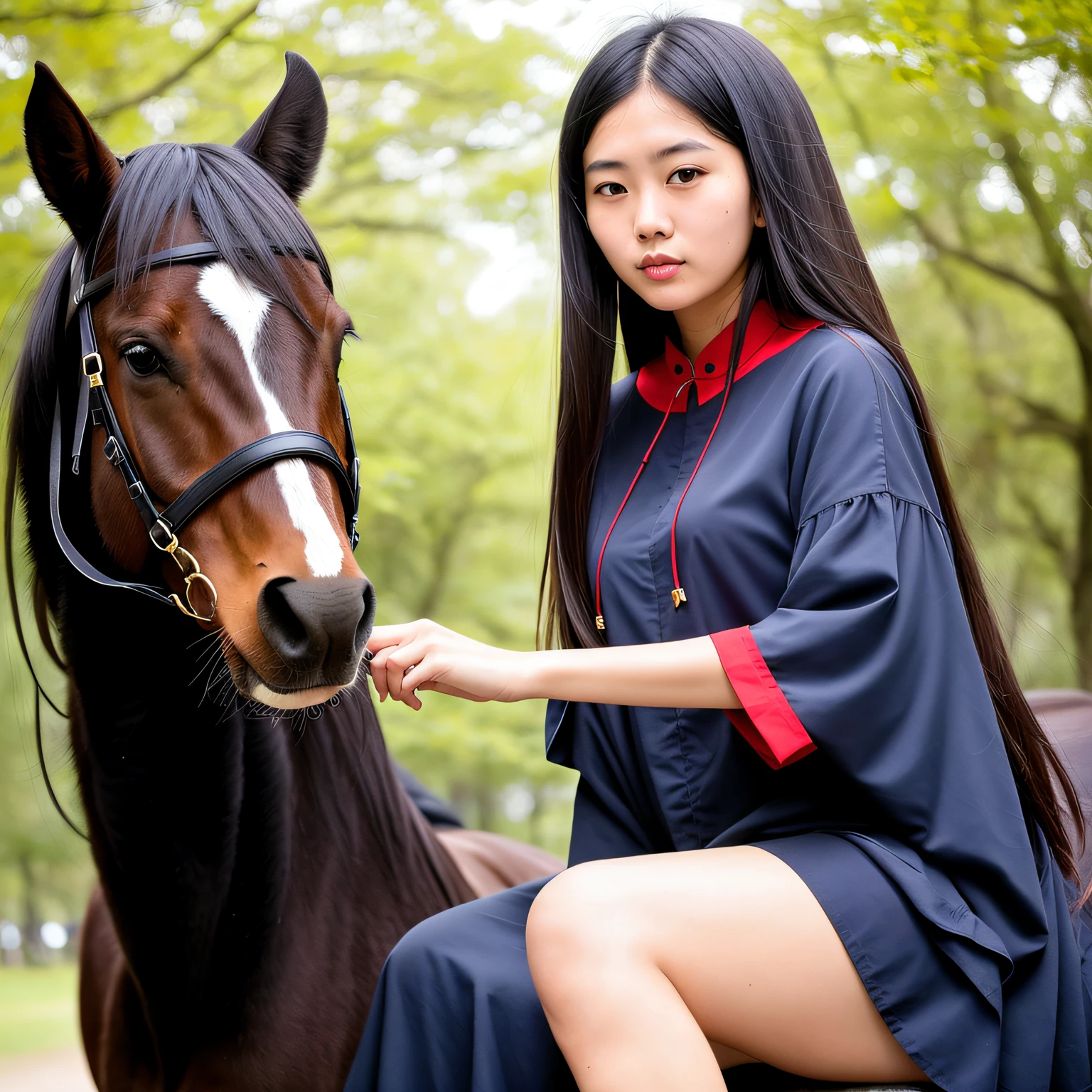 A woman who is，Wearing a thin Tang costume，outside，Under the tree，There is a lawn ，Hands open，pony tails，white  clothes --auto