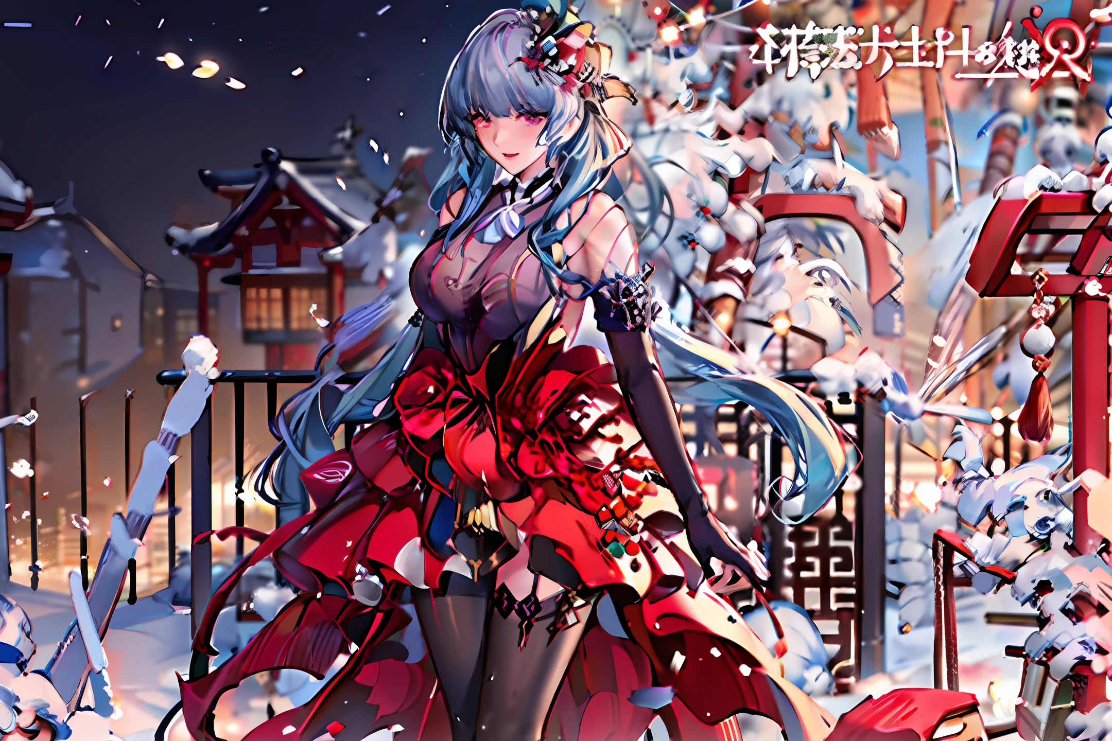 ganyu\(genshin impact\), 1girl, ahoge, architecture, bangs, bare shoulders, bell, black gloves, black tights, ((blue hair), blush, breasts, chinese knot, sleeve, East Asian architecture, flower knot, glove, horn, long hair, looking at the audience, medium chest, neckbell, night, outdoor, pantyhose, purple eyes, sideburns, solo, tassels, white sleeves, ((masterpiece))