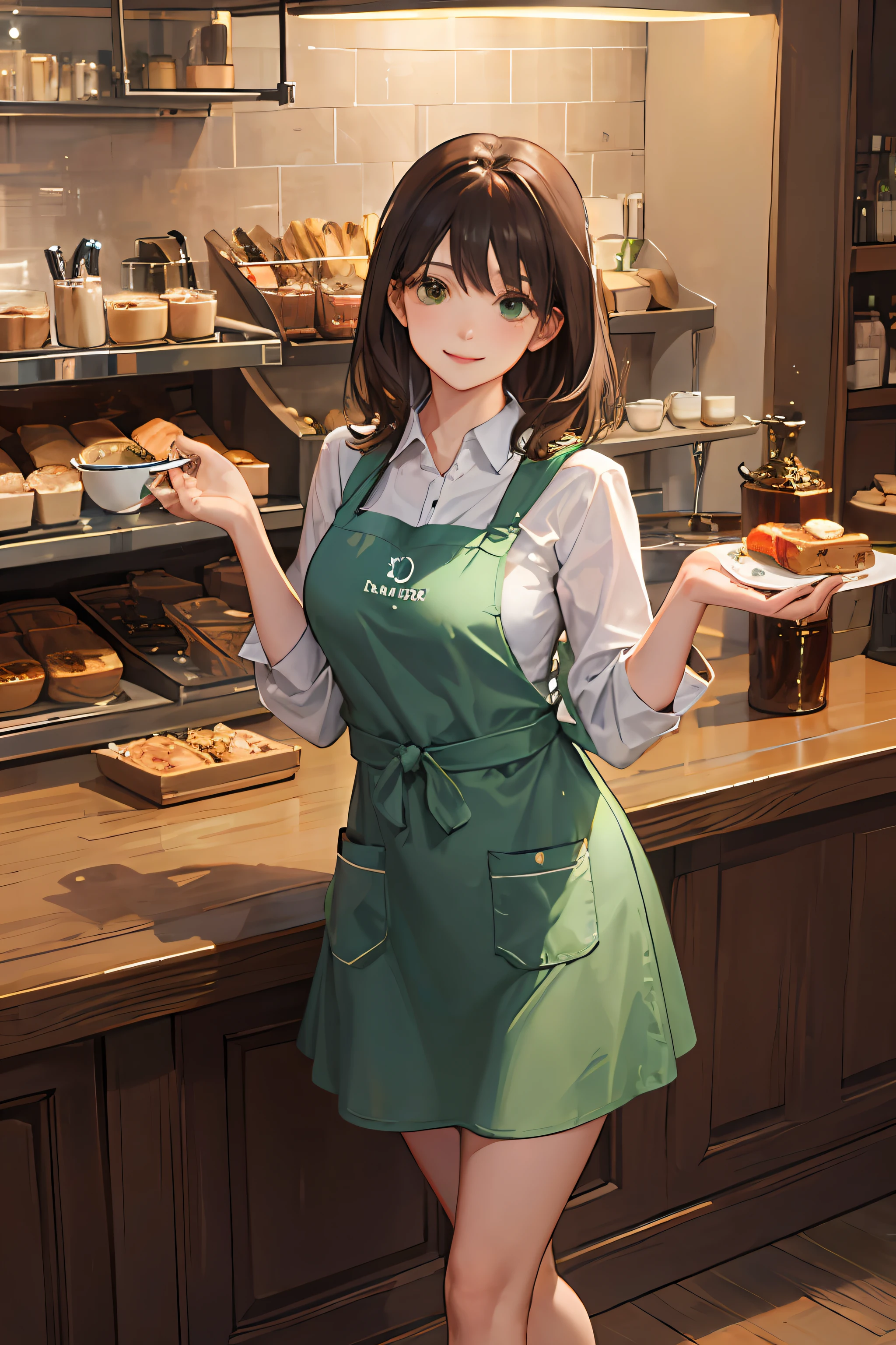 Cafe,green apron,one-girl,Short apron,ssmile,Long brown hair,realisticlying,Ray traching,Bare legged,Light arm,Warm background