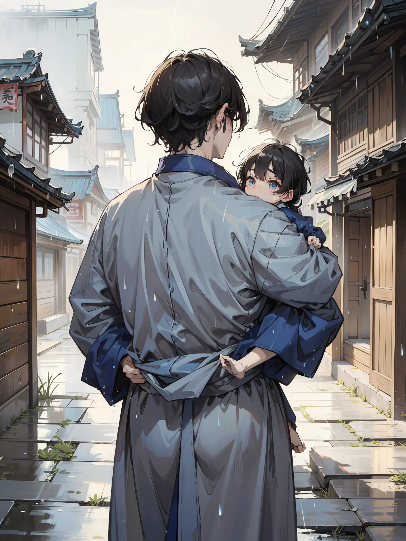 (best qualtiy)(tmasterpiece)1 man，An ancient Chinese village running in the rain。He wears a simple blue robe，Haggard face，Determined gaze。The perspective focuses on the baby on his back，Uncover his arduous journey。This is a middle-aged man，Age about 40 years。