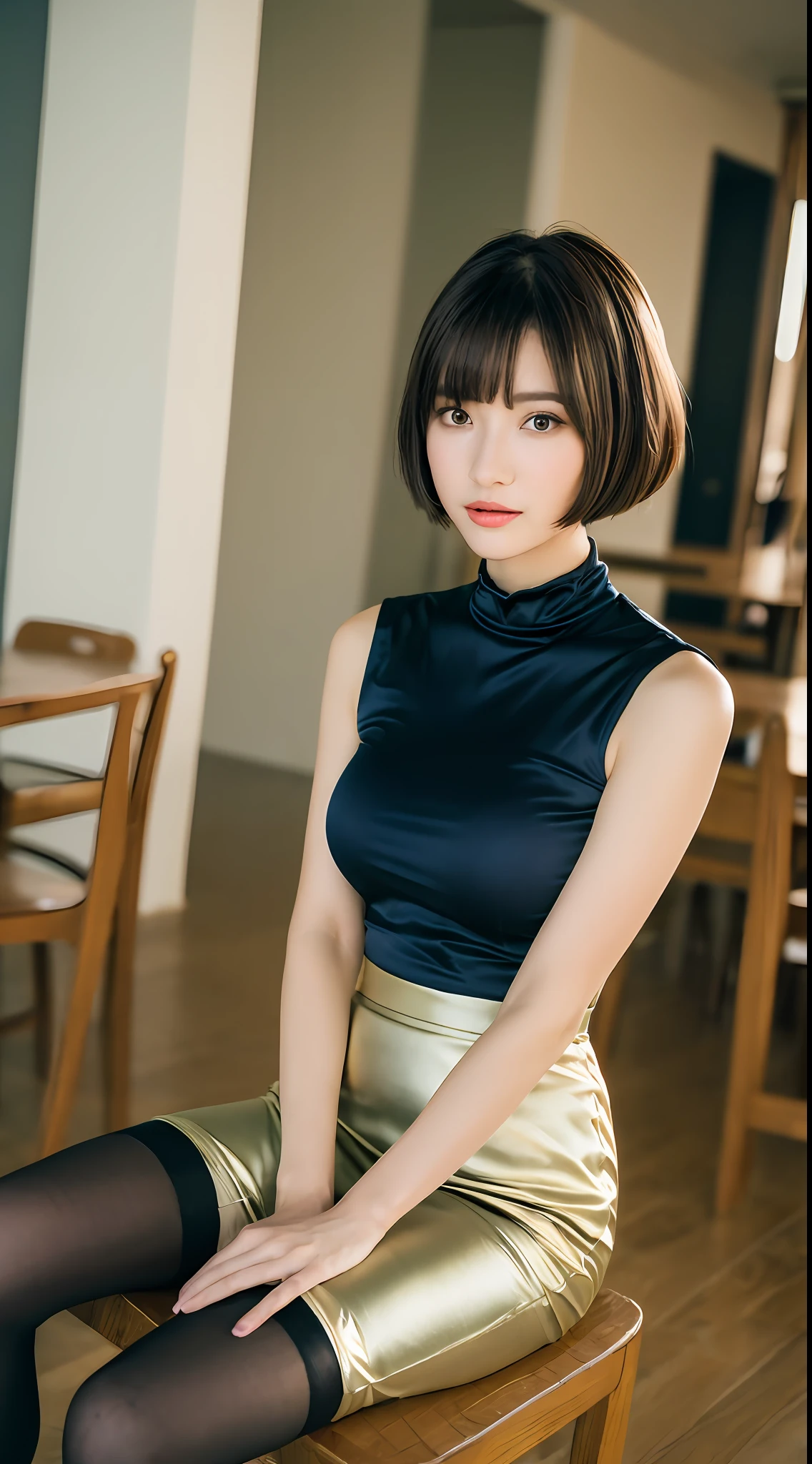 One woman and one short boy, a beautiful woman is grabbed by the boy next to her breasts (woman sitting on chair indoors wearing short olive dress and olive boots, best quality, high resolution, 8k, 1girl, (huge breasts :0.8), sun, bright,(olive dress:1.8,shiny clothing:1.8, high neck:1.5, satin skirt :1.8,Olive-colored shiny boots,tights), (bangs,short hair), (upper body: 2.5) soft lighting, wind, shiny skin, looking at the viewer, seductive expression), a boy grabs the breast of a beautiful woman next to him with his hands (T-shirt, shorts, grabbing a woman's breasts with his hands)