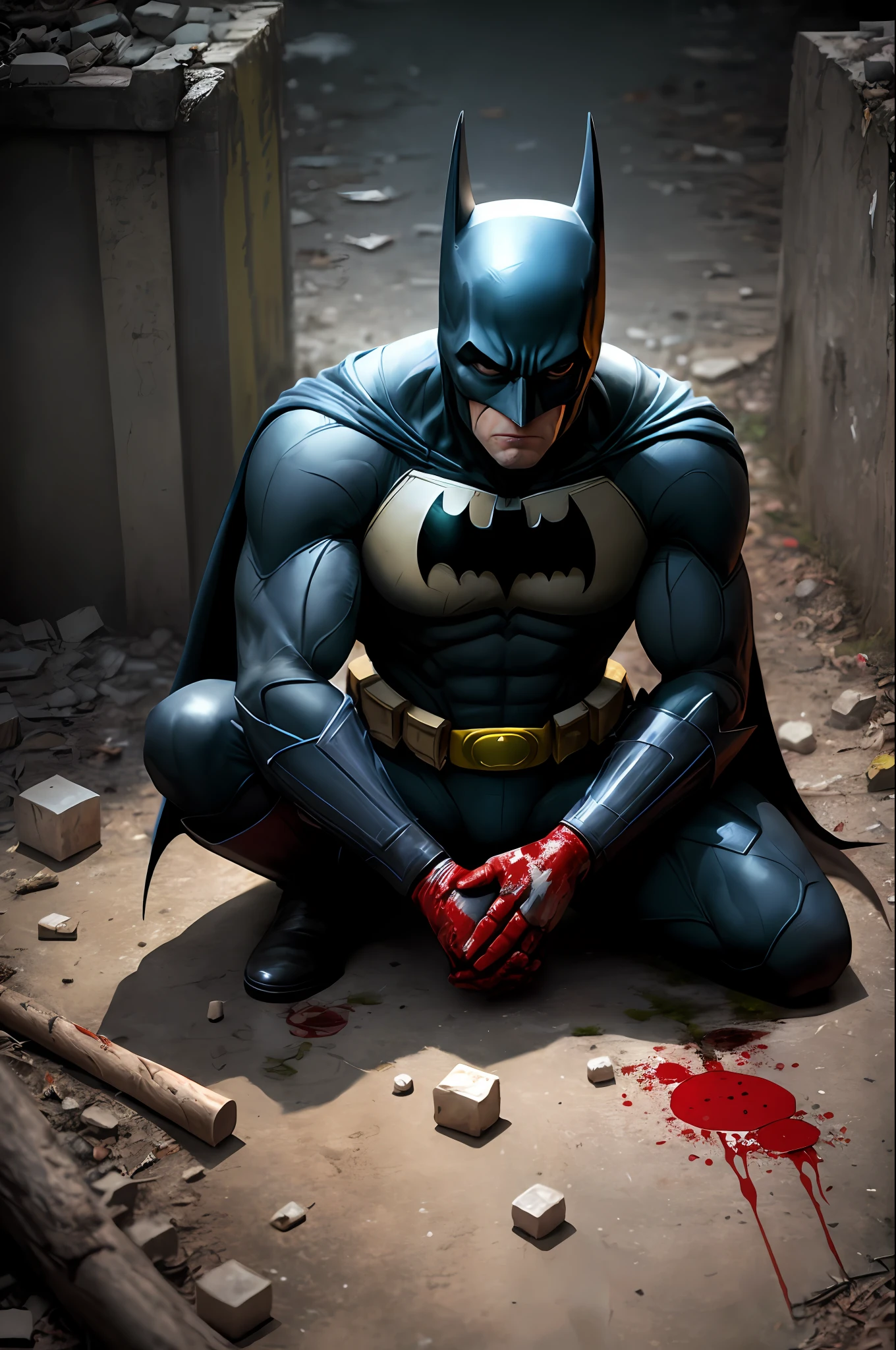 Batman sits on the ground,Blood stains on his hands