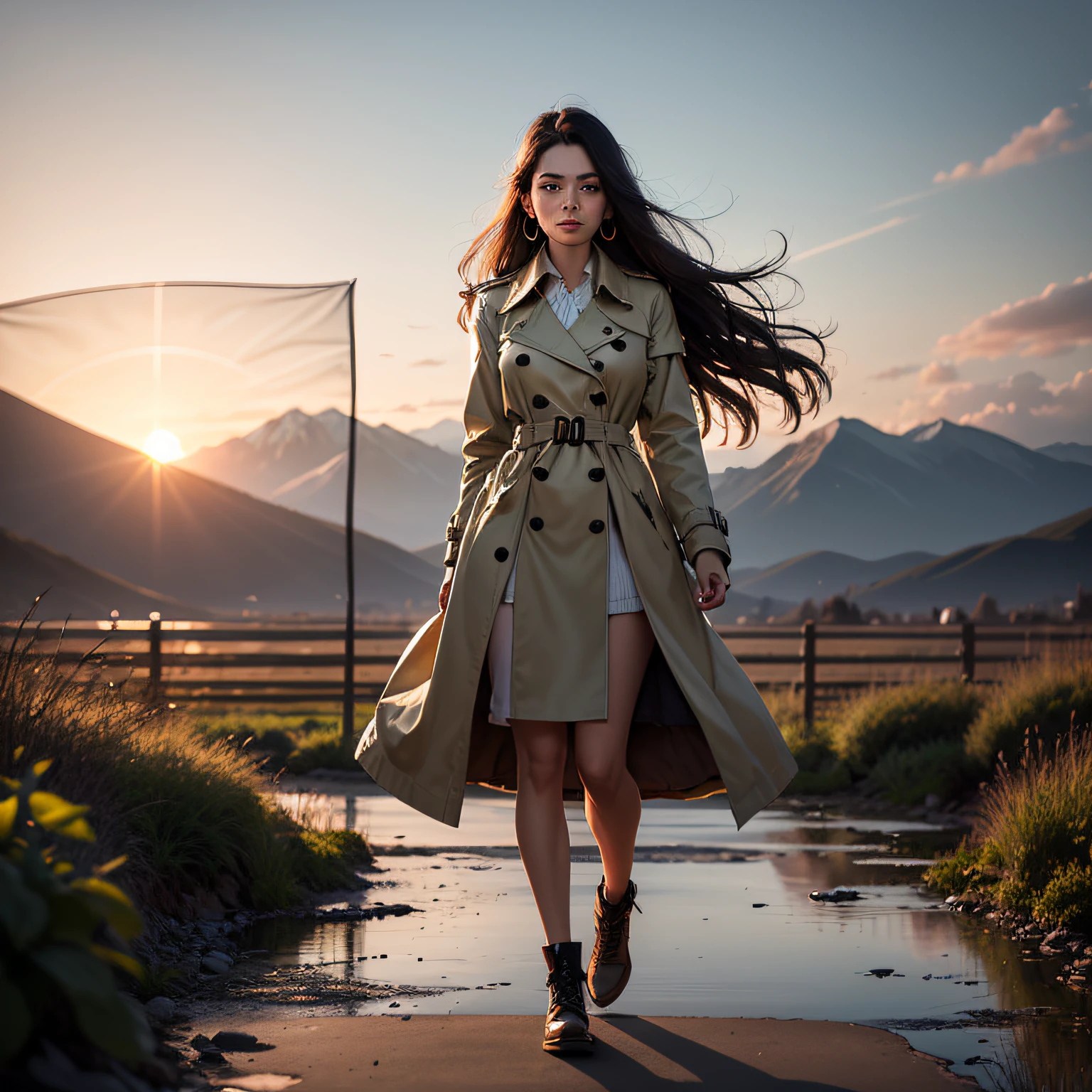 In the distance there are blurry mountains，the setting sun，By the pond，In front of the protective net，A woman who is，The right hand clasps the protective net，Khaki trench coat，The body is facing the camera，Face to the left，The eye，Long hair flutters in the wind，white earrings，Full body photo，best qualtiy --auto