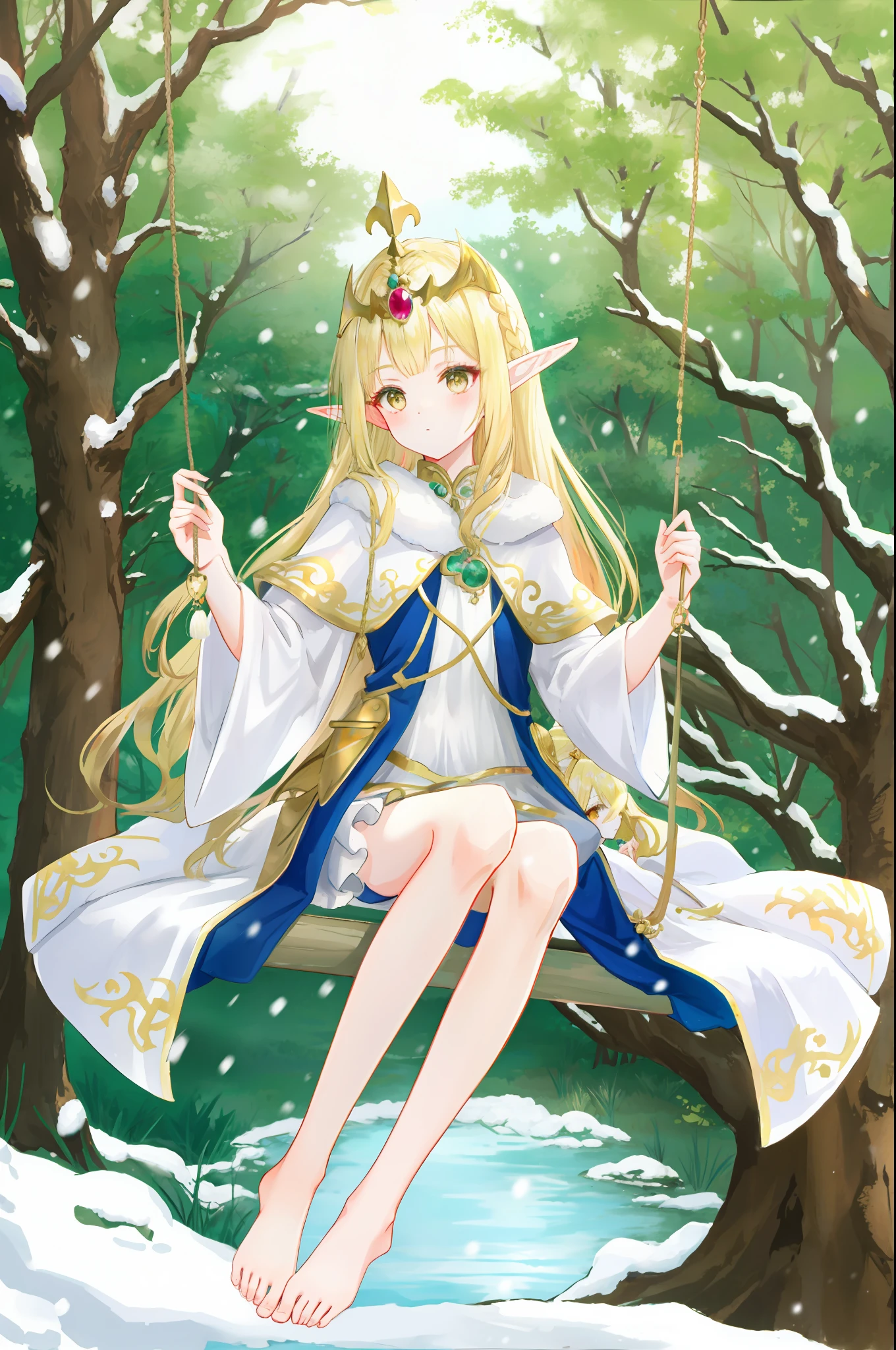coiffed blonde hair,gold eyes,Elf Princess,white clothes,Sit on a swing in the forest,Bare-legged jade feet,Snow-white skin,tmasterpiece,Ultra high quality